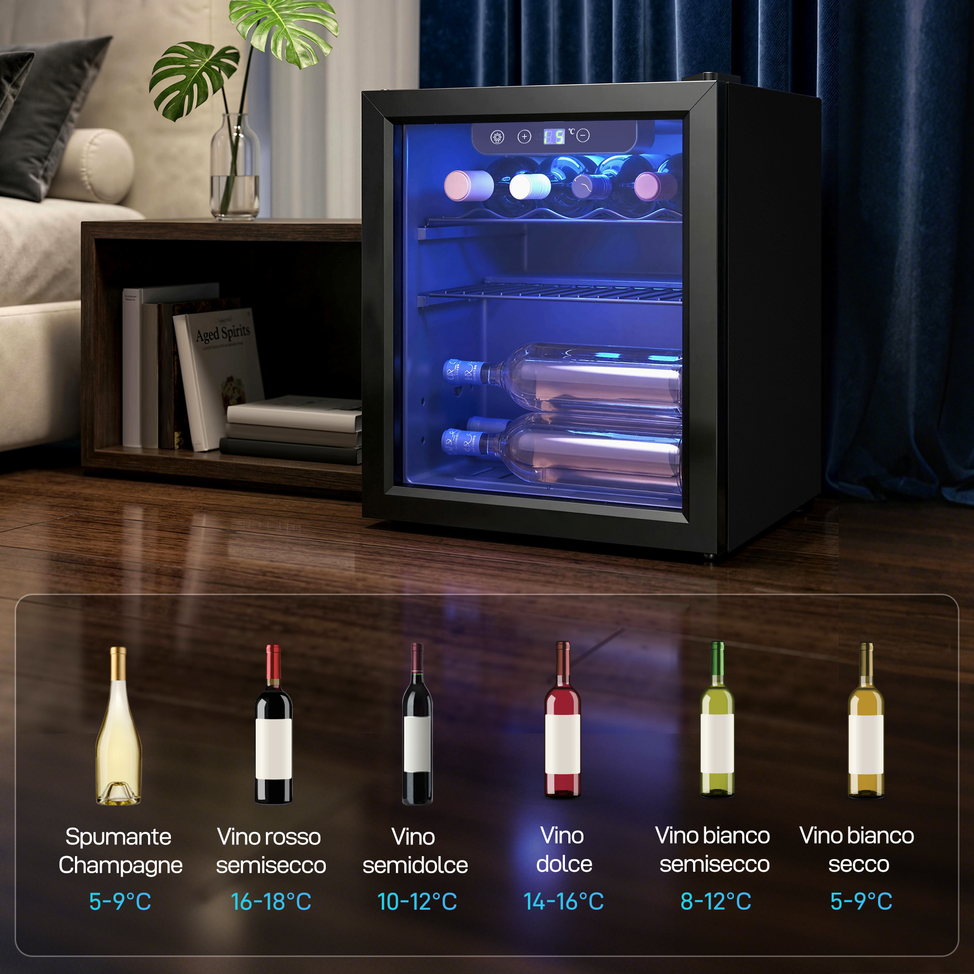 Una cantinetta per vino nera con luce blu, piena di bottiglie. Sotto sono mostrate sei bottiglie di vino.