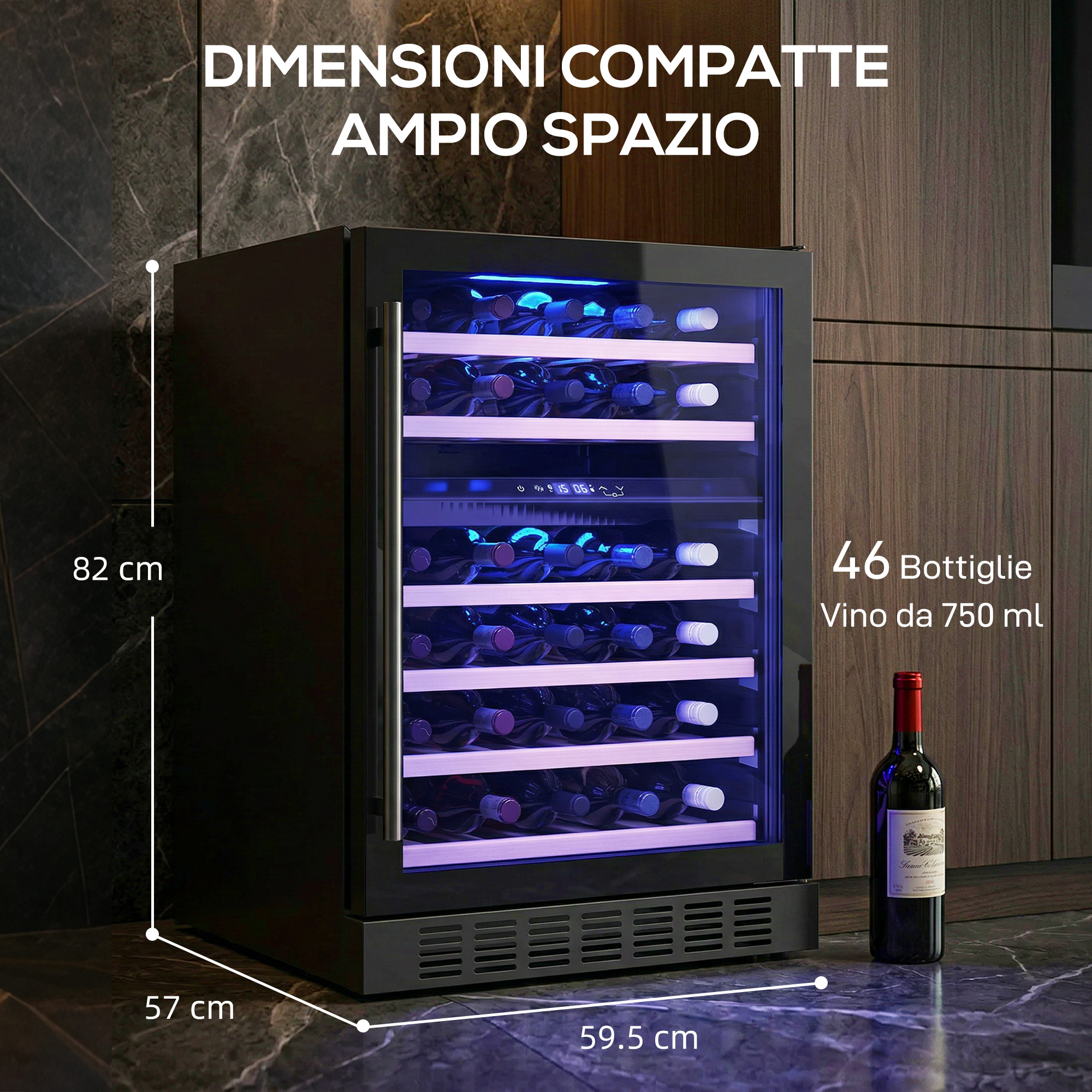 Una cantinetta per 46 bottiglie, dimensioni 82x59,5x57 cm, con illuminazione blu.