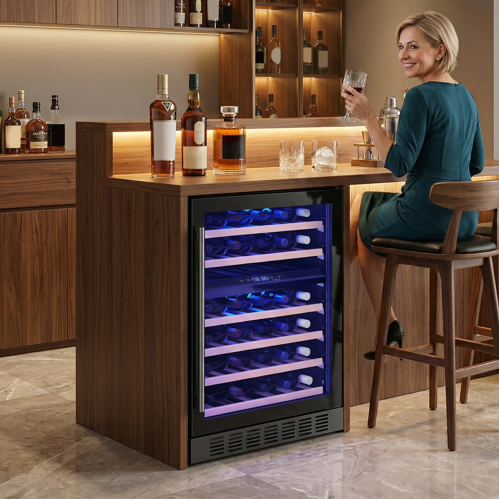 Una donna seduta al bancone di un bar, con un bicchiere di vino, accanto a una cantinetta.