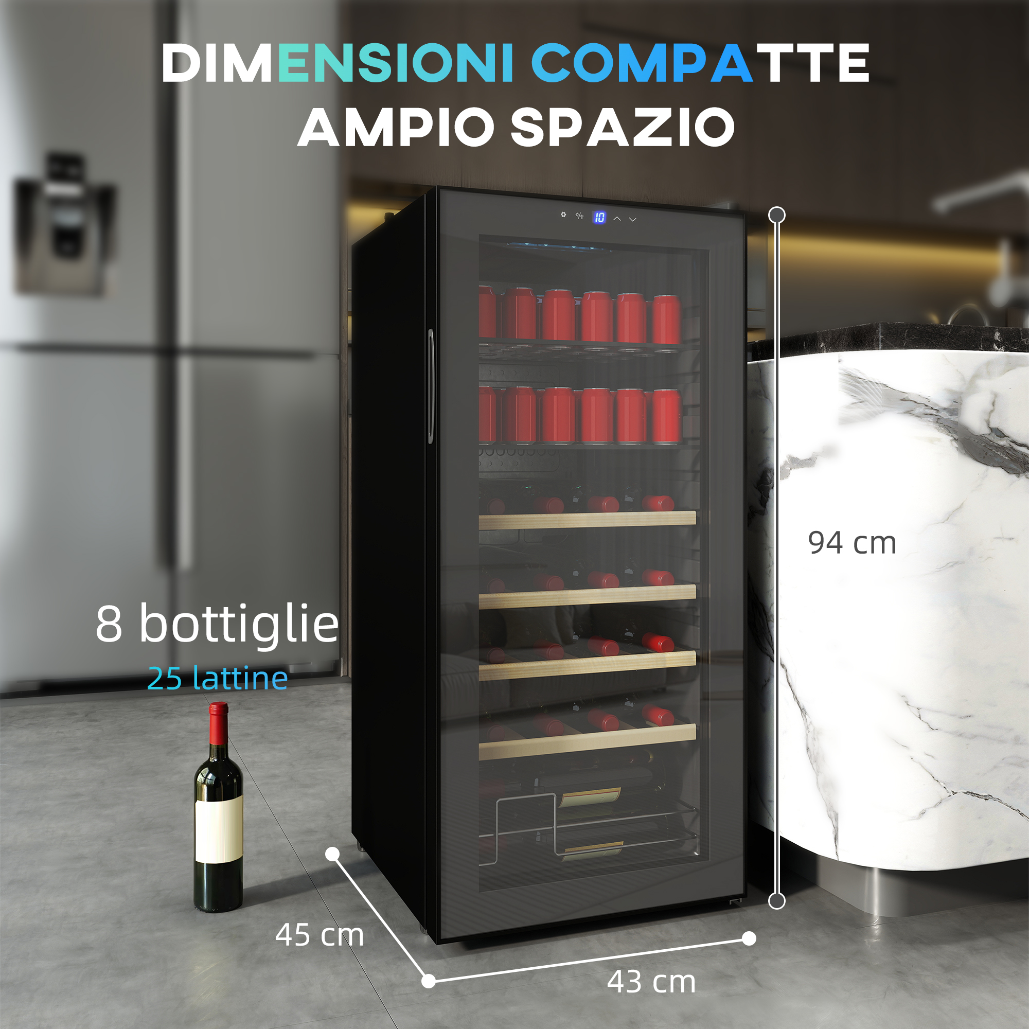 Cantinetta vino nera con lattine e bottiglie rosse, dimensioni 45x43x94cm.