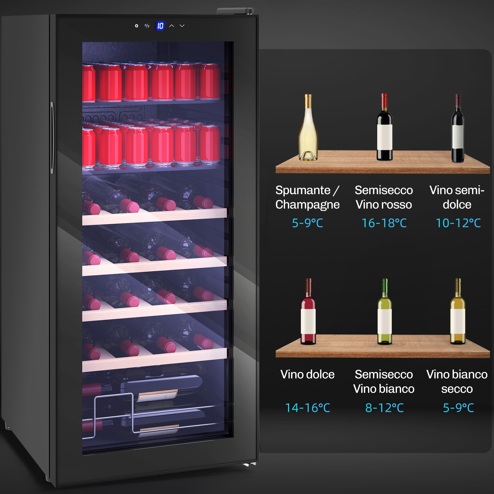 Un refrigeratore per vino nero con lattine rosse e bottiglie di vino, con raccomandazioni.