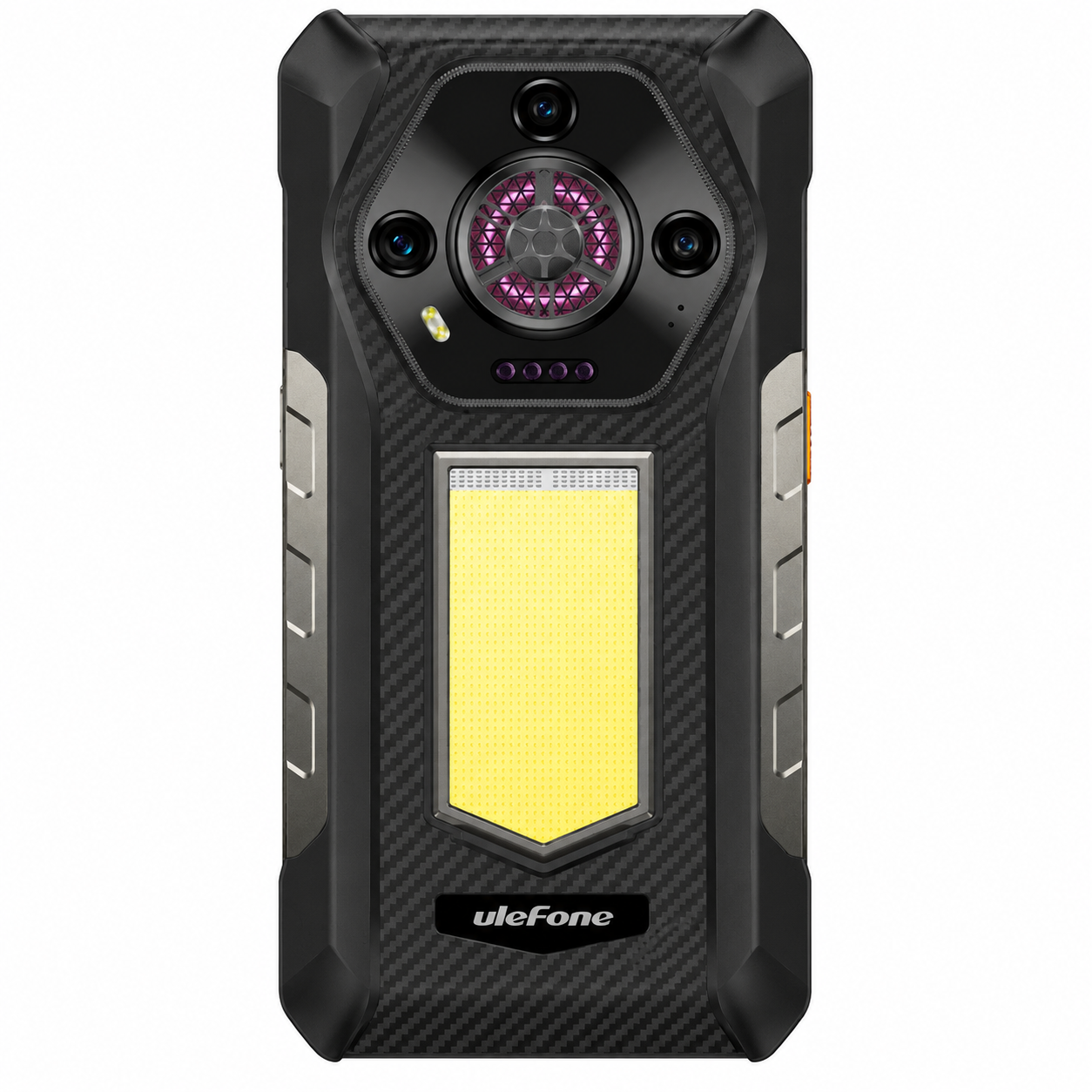 Retro di uno smartphone robusto nero con più fotocamere e una grande luce gialla.
