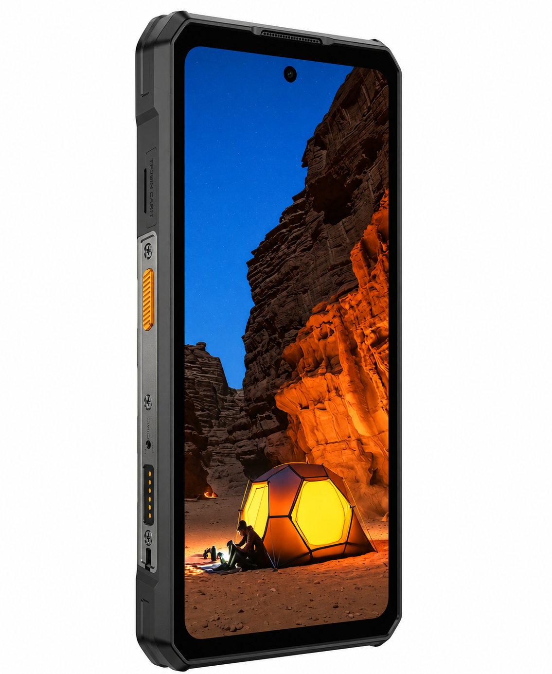 Uno smartphone robusto mostra una scena di tenda notturna in un canyon.