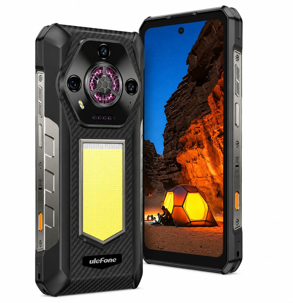 Smartphone robusto con modulo fotocamera, flash e tenda sullo sfondo.