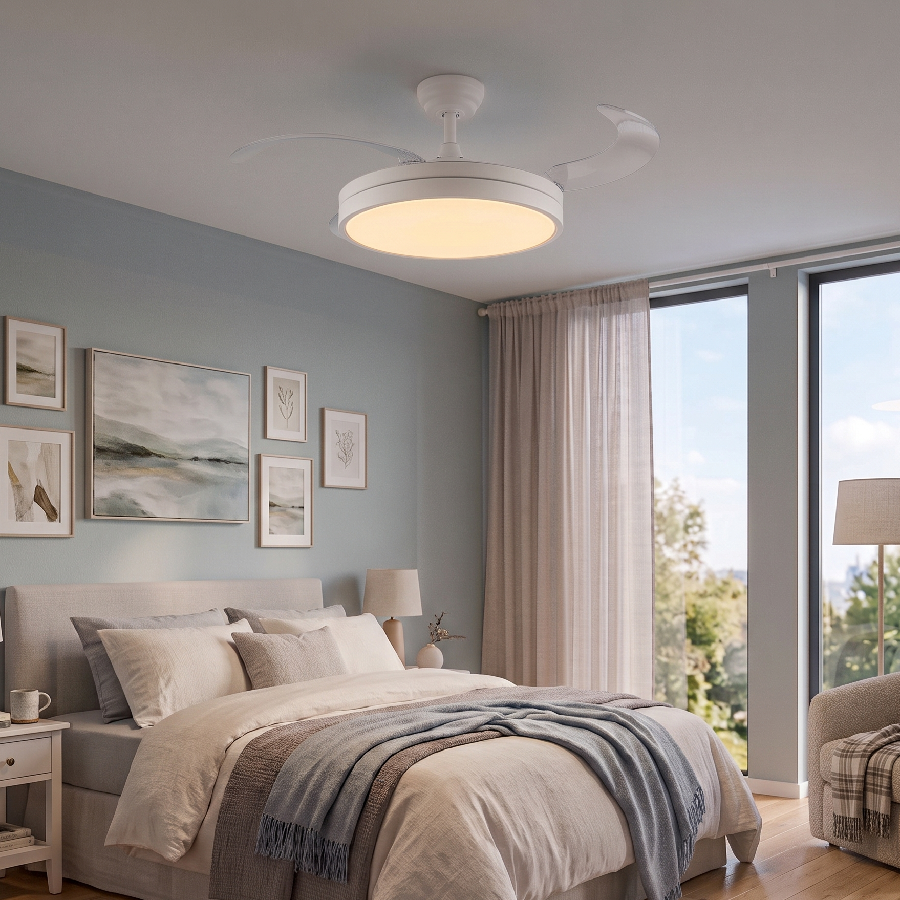 Un dormitorio con cama, arte en la pared y ventilador de techo con luz.