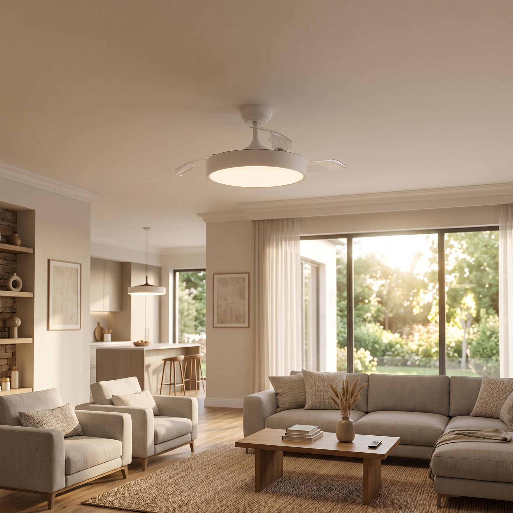 Un salón luminoso con sofá, sillones, mesa de centro y vistas a cocina y jardín.