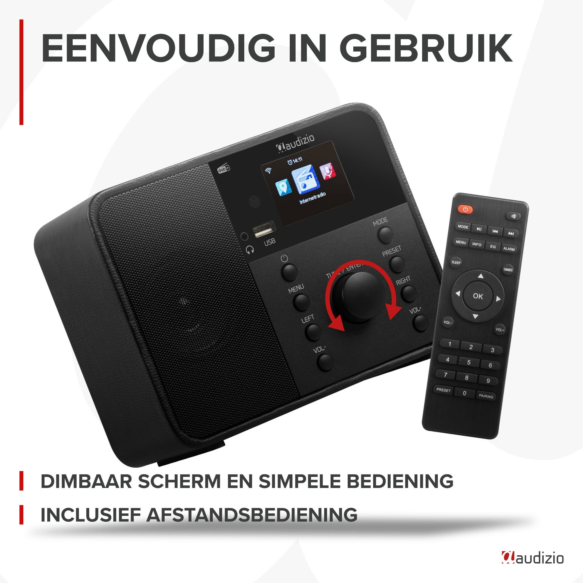 Ein schwarzes Audizio Internetradio mit Fernbedienung. Der Bildschirm zeigt 