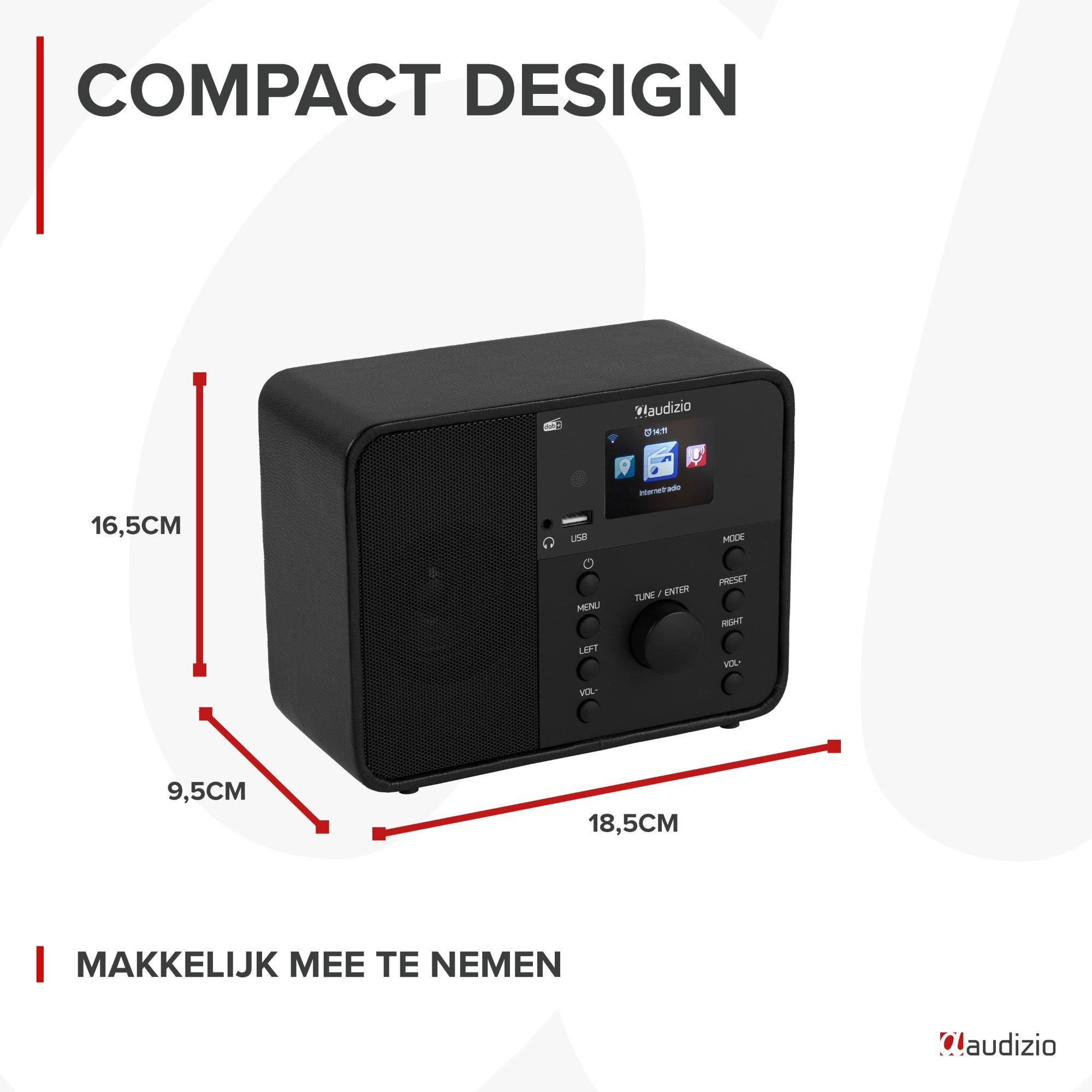 Schwarzes Radio mit Display und Bedienelementen, Maße 16,5x9,5x18,5cm.