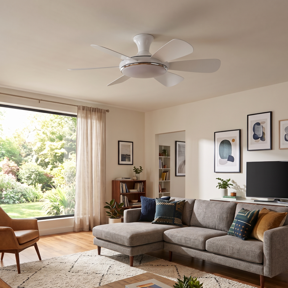 Una sala de estar moderna con ventilador de techo blanco, sofá, sillón y ventana grande.