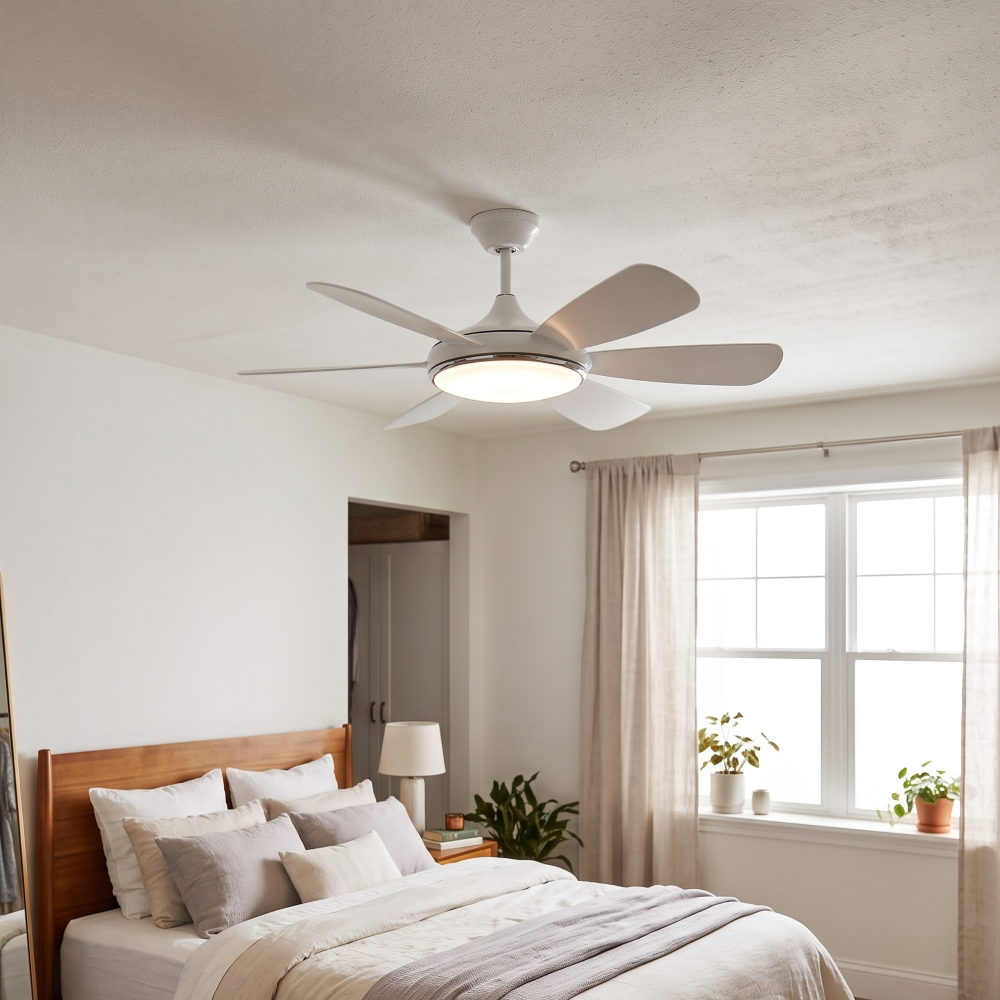 Un ventilador de techo blanco con luz sobre una cama con cojines y mantas.