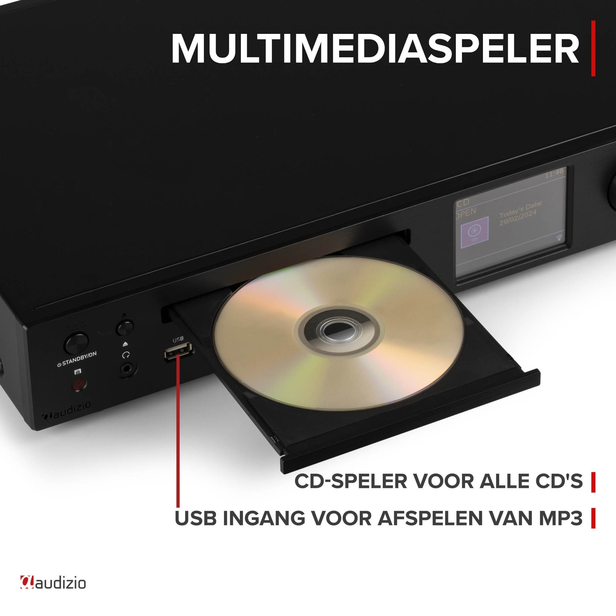 Ein schwarzer Multimedia-Player mit eingelegter CD und USB-Anschluss.