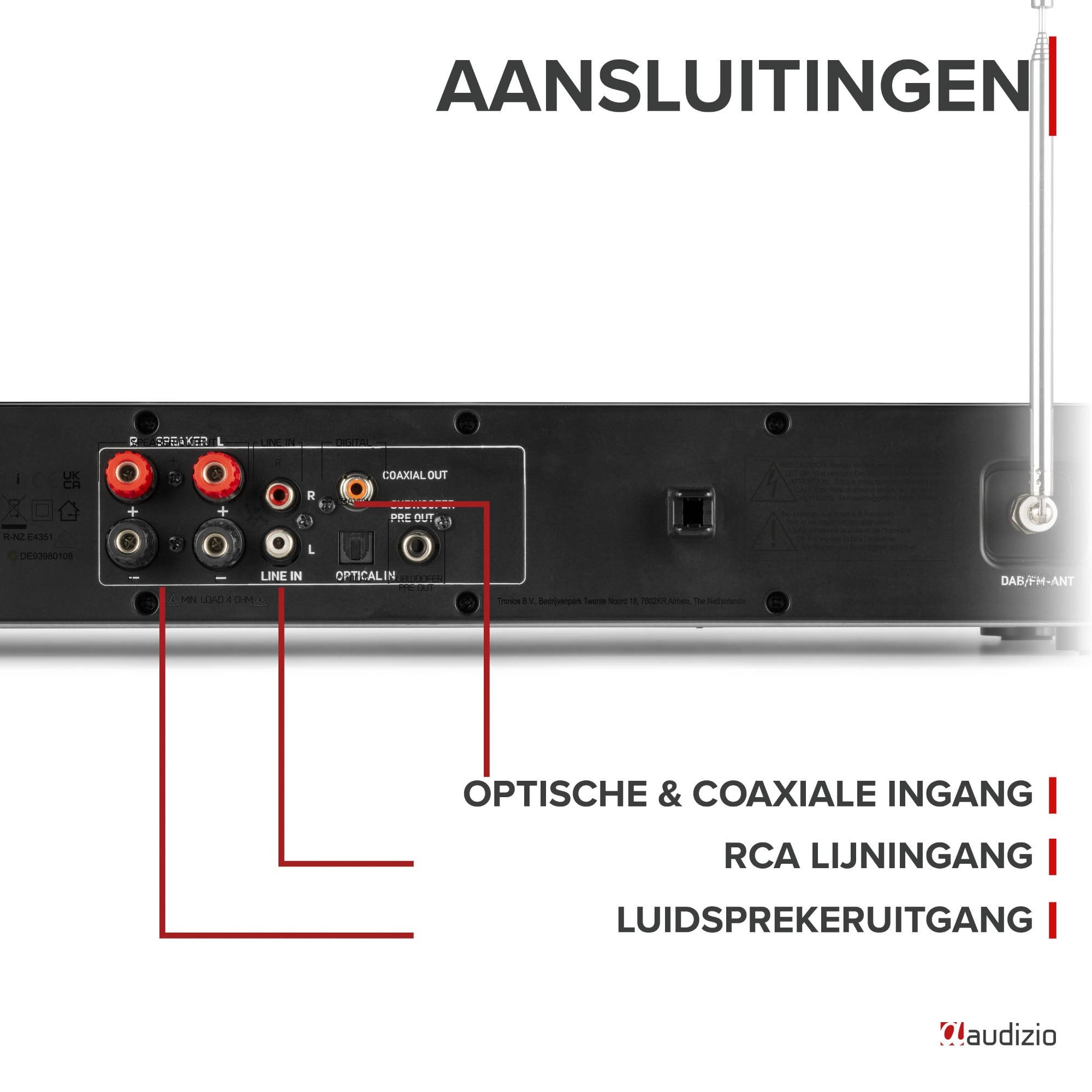 Anschlüsse: Lautsprecher, Line-In, optisch, koaxial, Pre-Out, DAB/FM-Antenne.