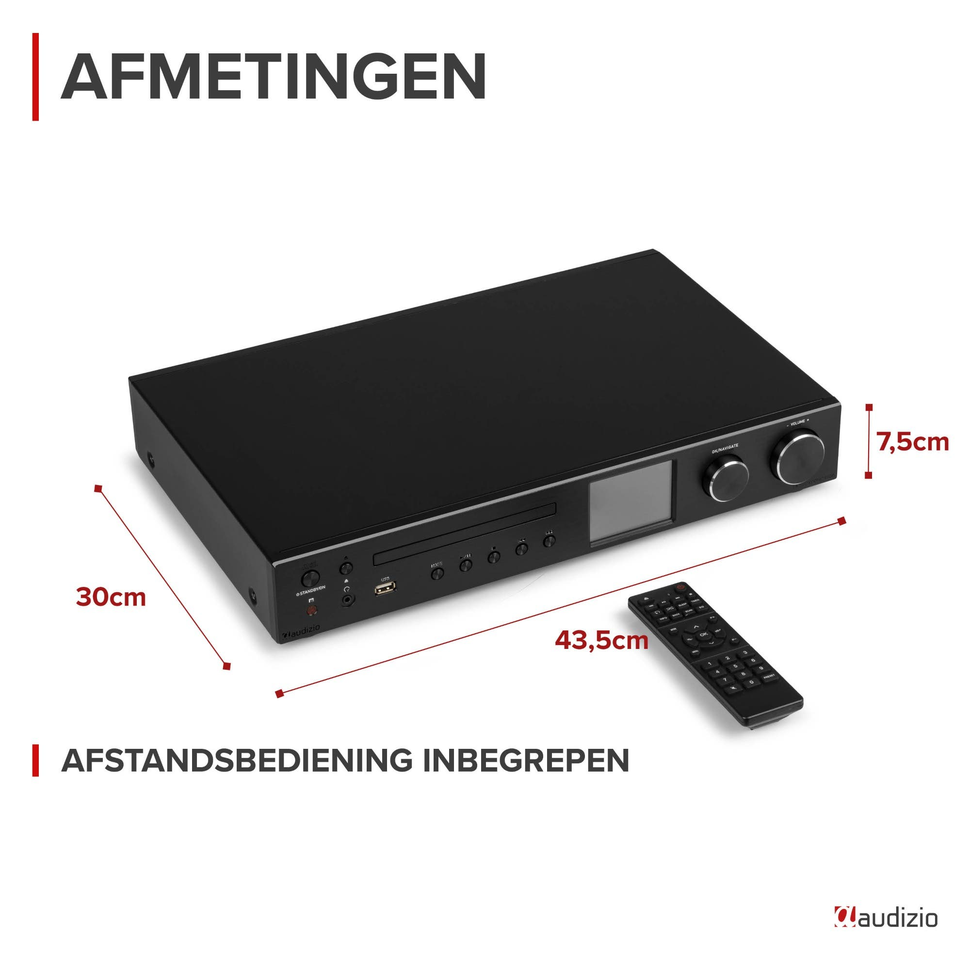 Schwarzer Audizio CD-Receiver, 43,5x30x7,5cm, mit Fernbedienung.