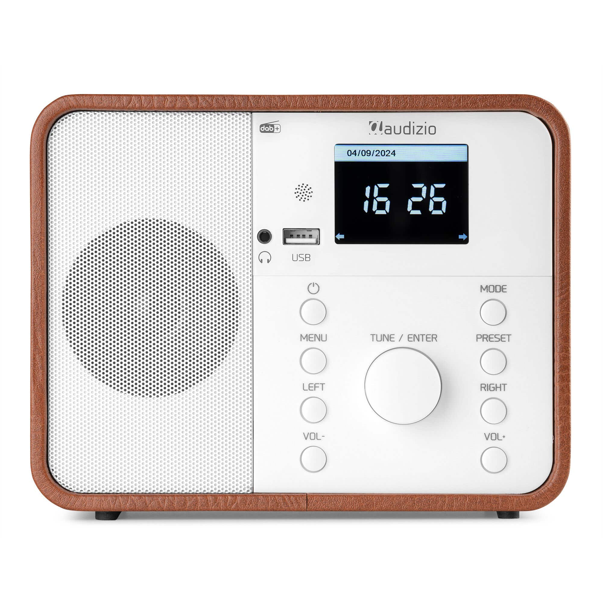 Ein braun umrandetes DAB+-Radio mit weißem Lautsprechergitter und digitaler Anzeige.