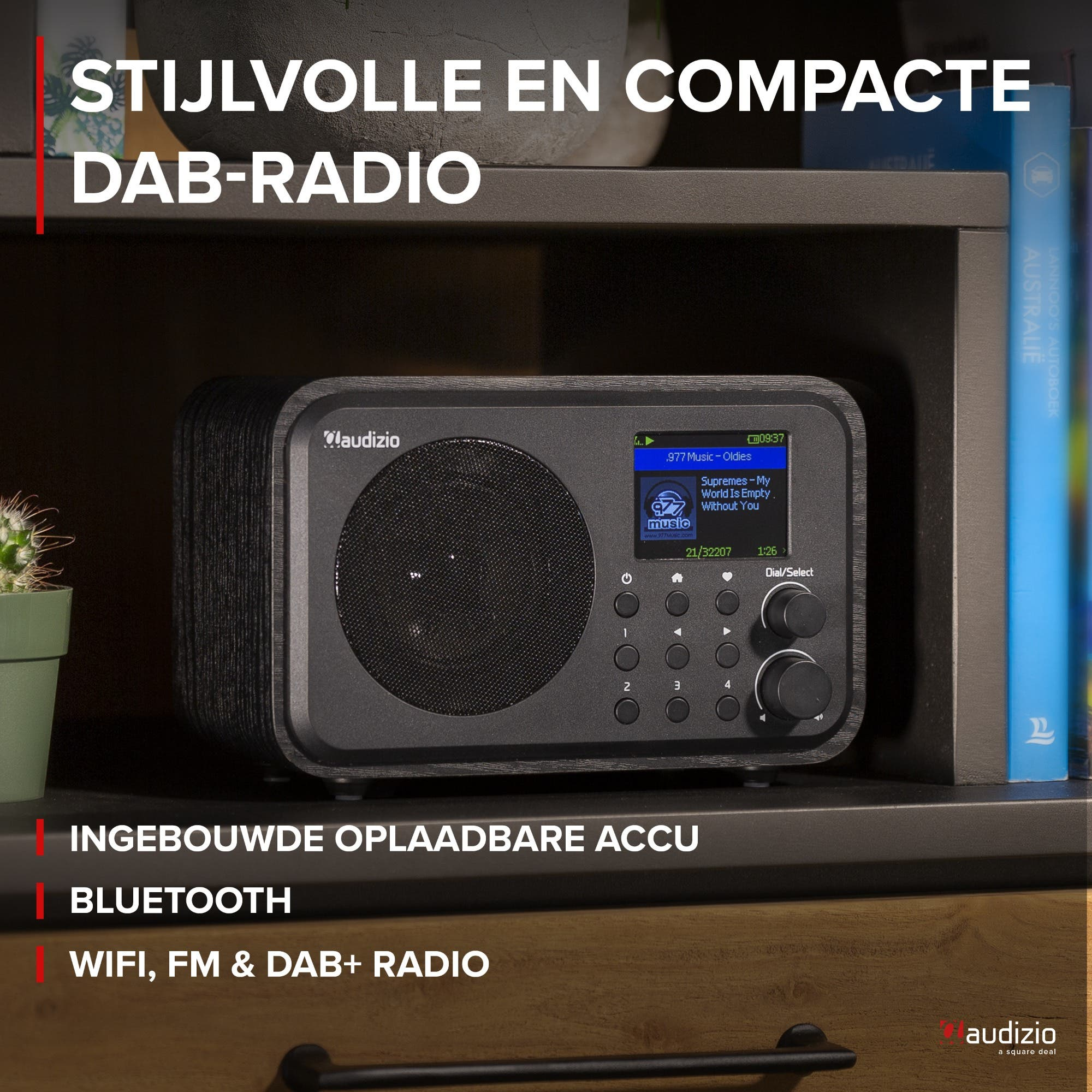 Una radio DAB elegante y compacta con batería recargable integrada y Bluetooth.