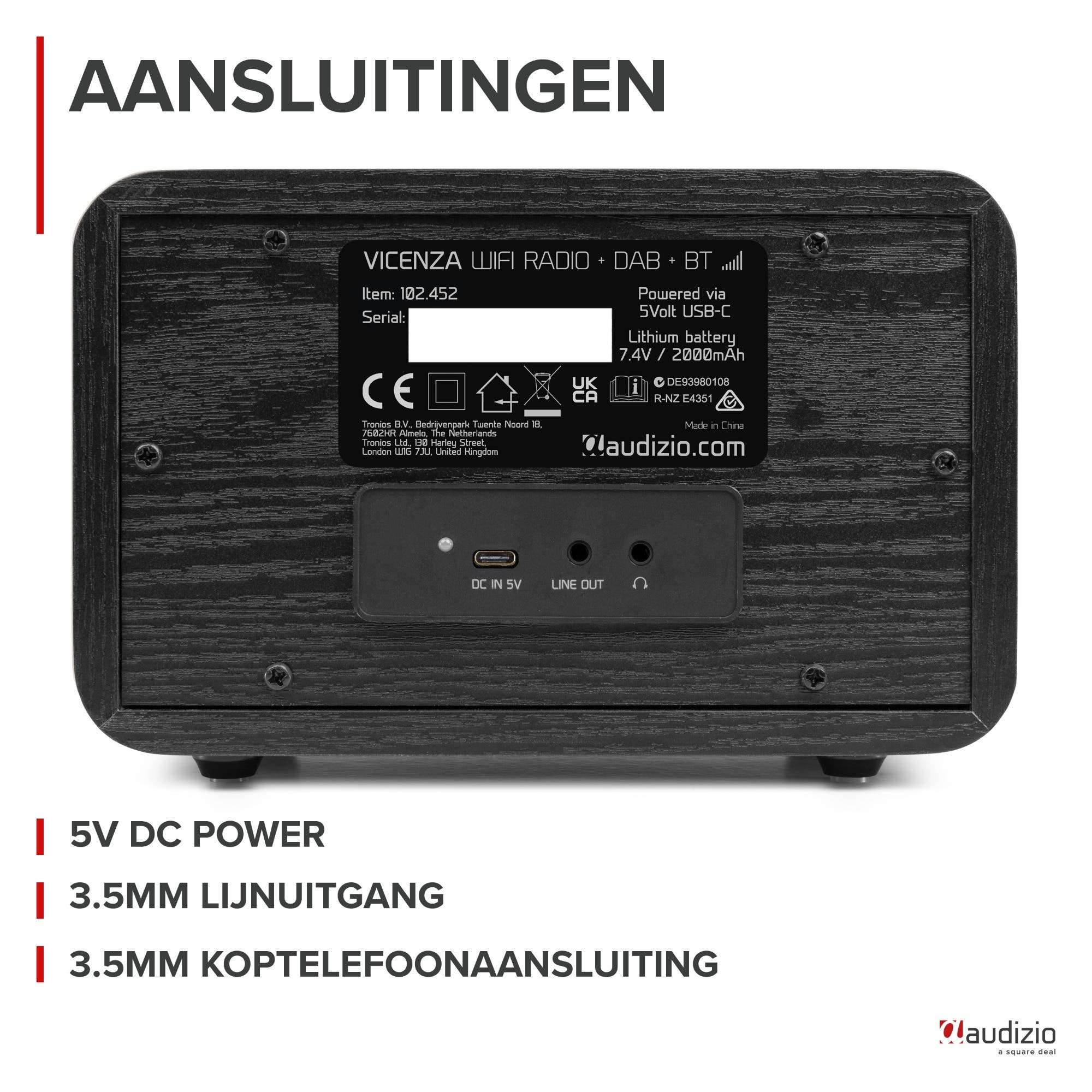 Parte trasera de una radio Audizio negra mostrando puertos: DC in, Line out, auriculares.