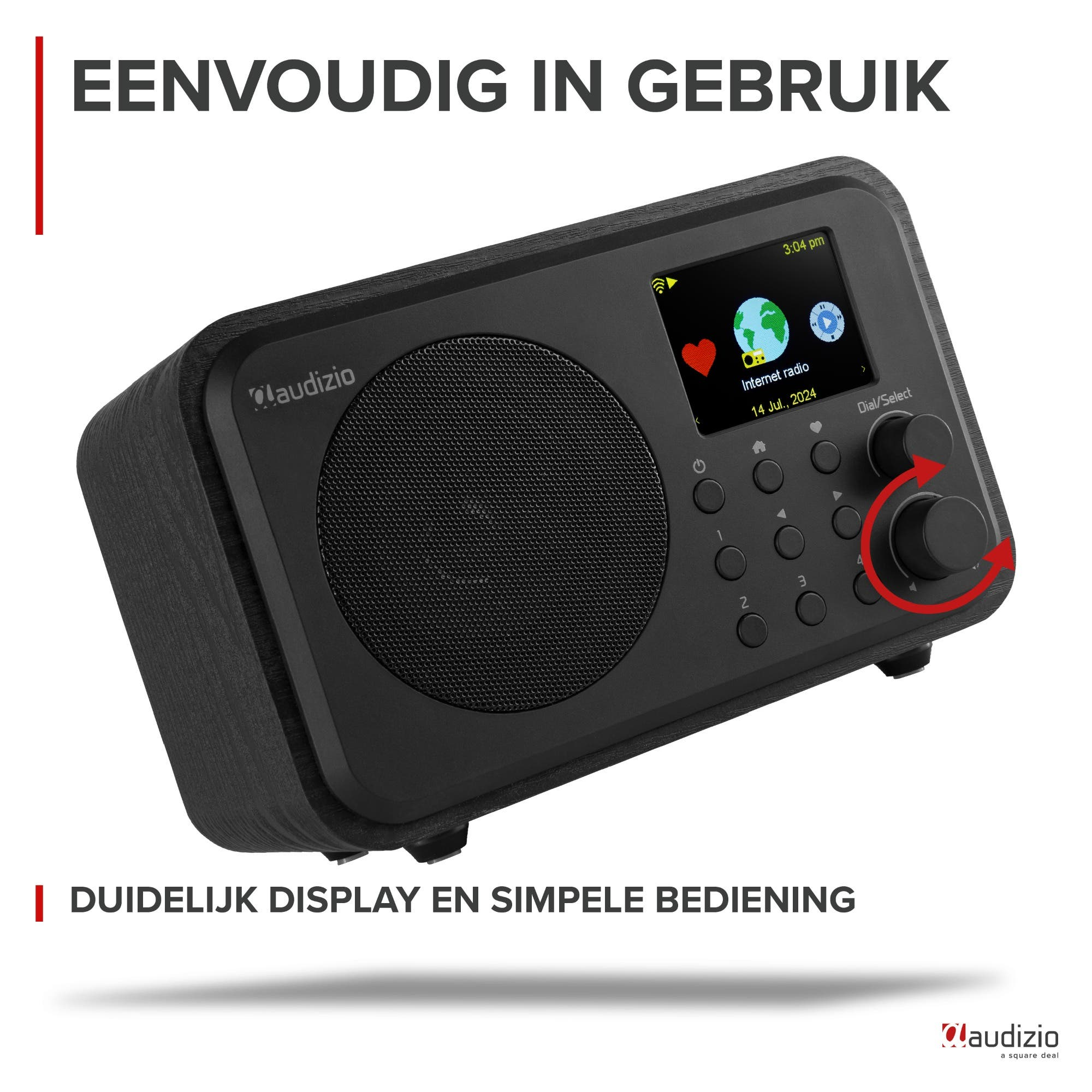 Radio por internet negra con pantalla, altavoz y botones de control.