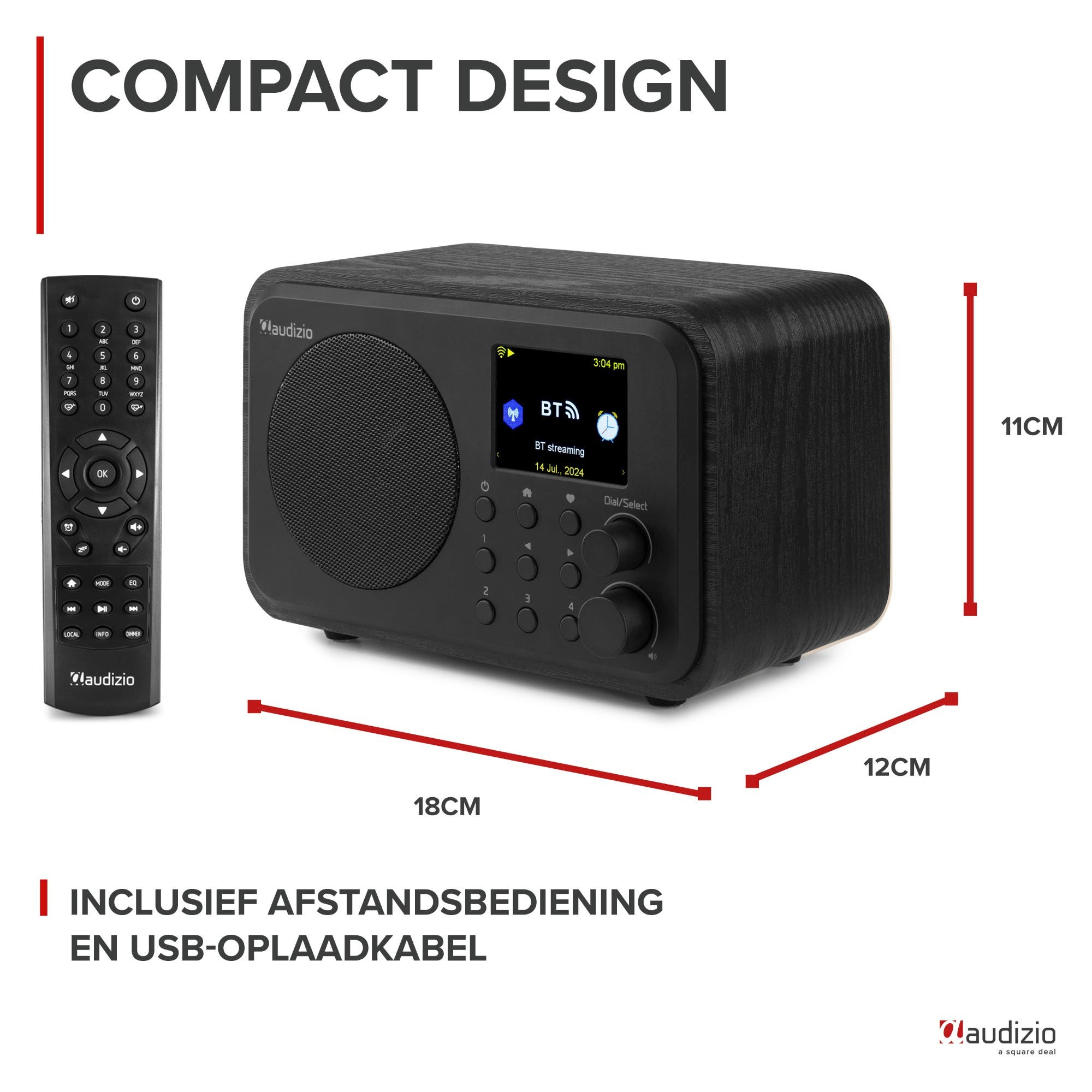 Radio Audizio negra compacta con control remoto y dimensiones.