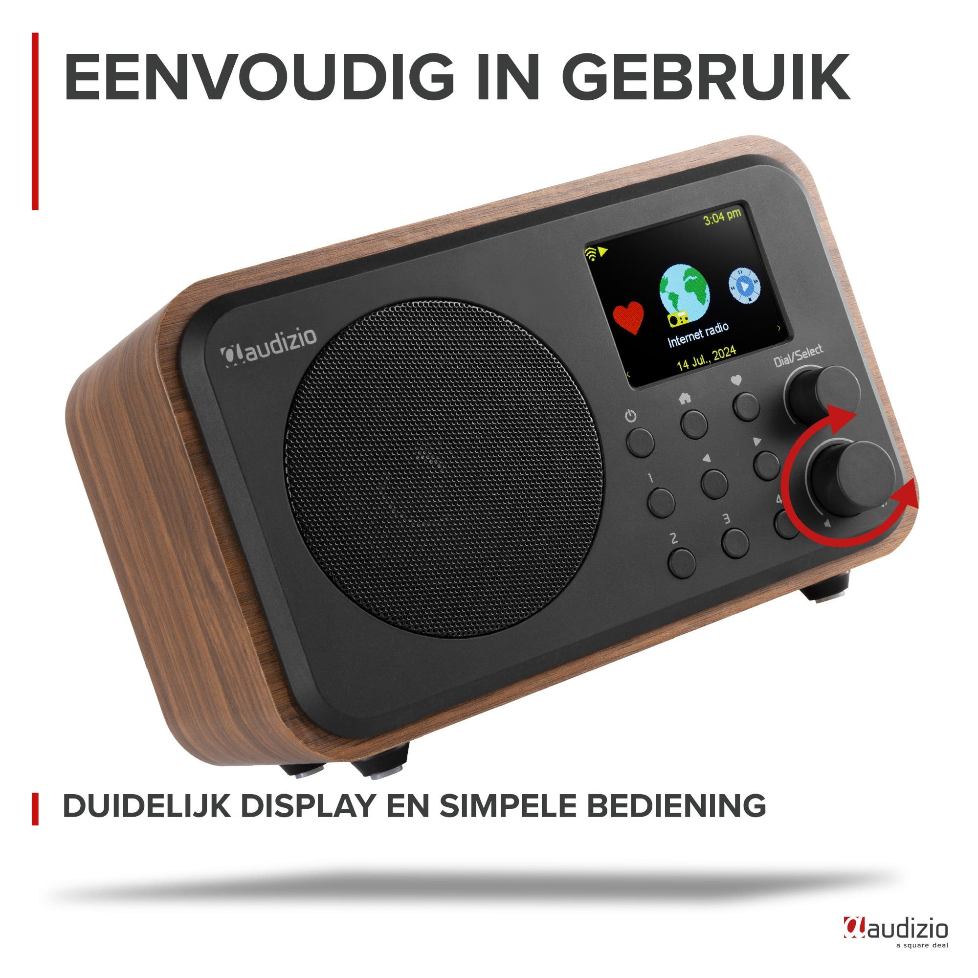 Een houten internetradio met zwarte luidspreker en scherm. Eenvoudig te bedienen.