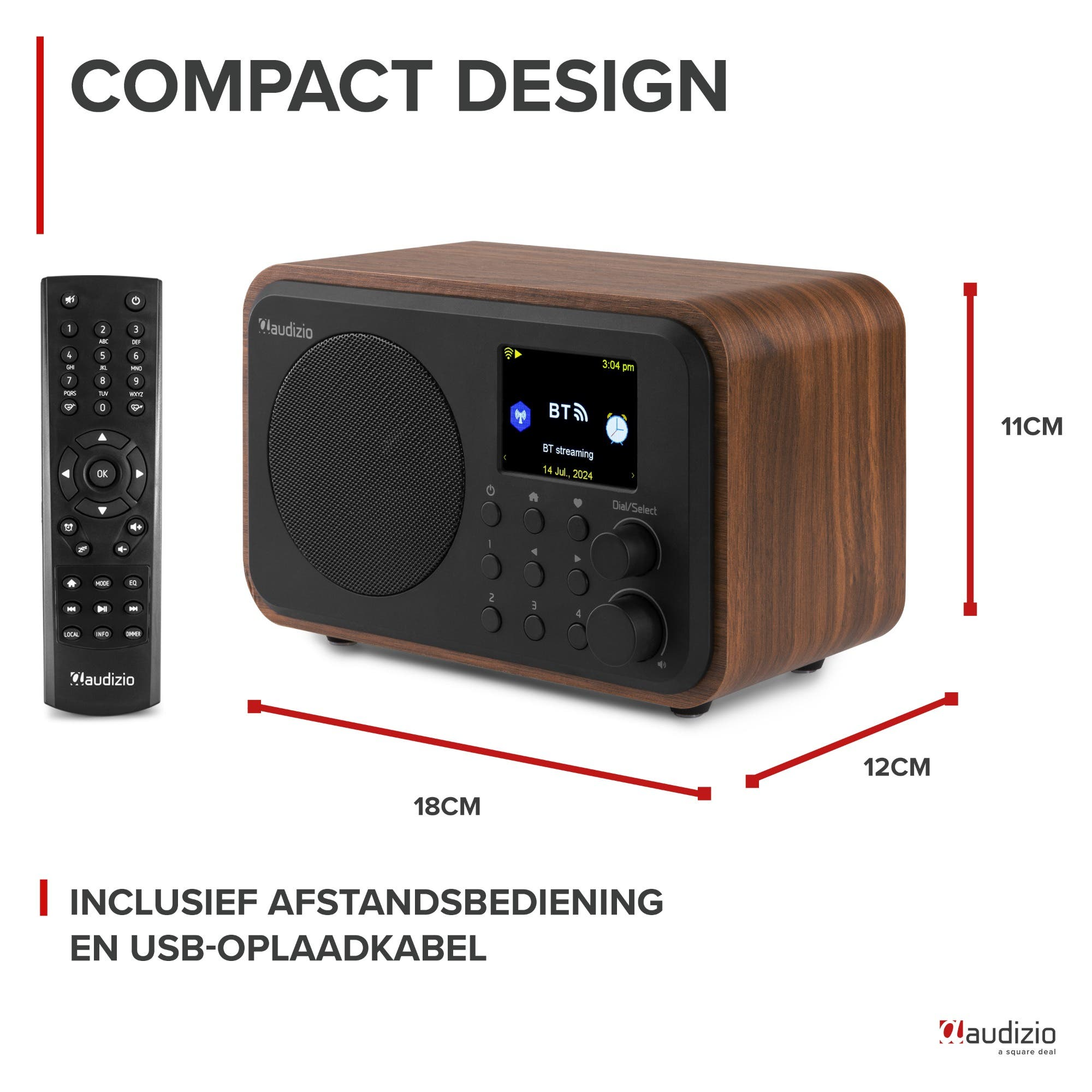 Compacte houten radio met afstandsbediening. Afmetingen 18x12x11 cm.