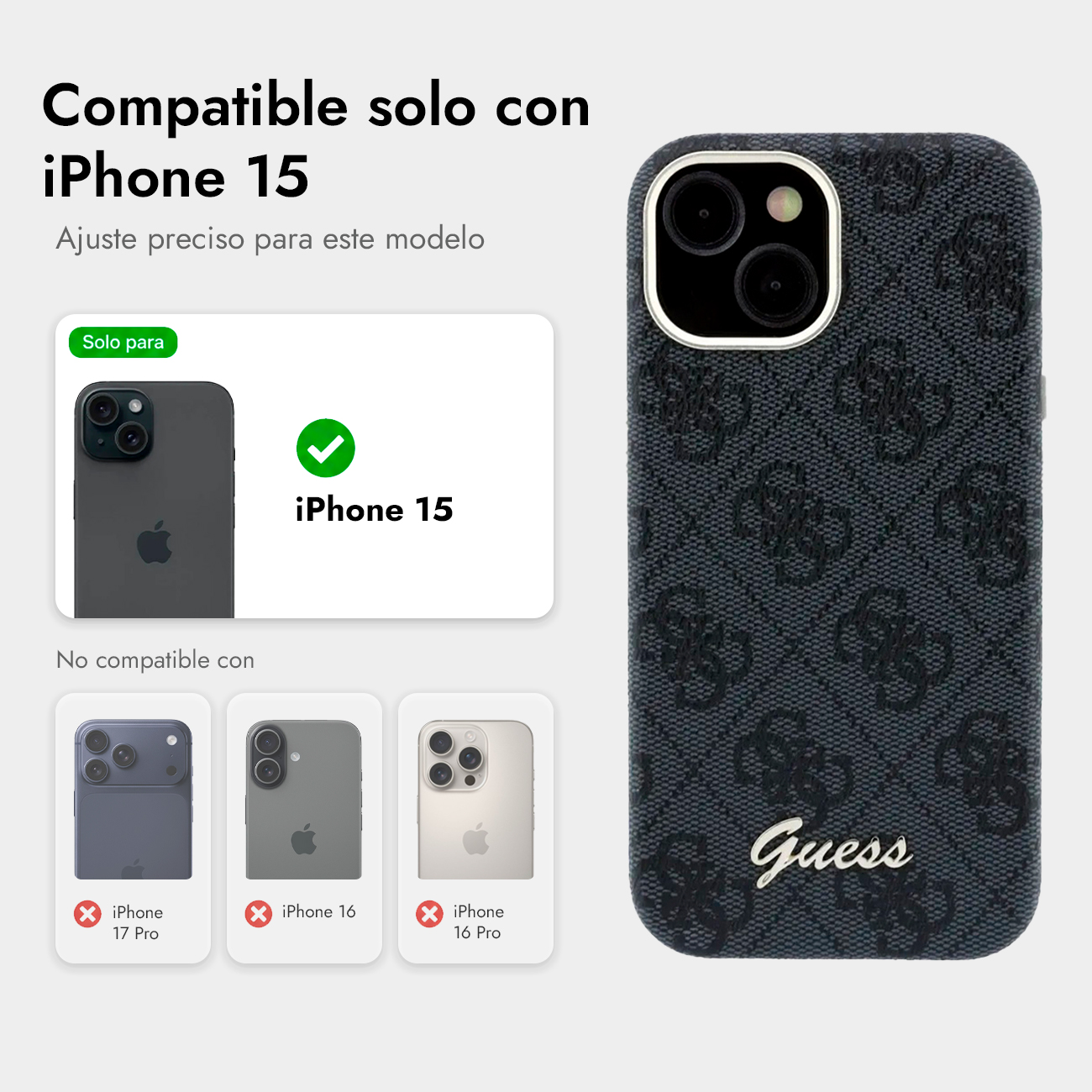 Funda negra Guess para iPhone 15 con patrón de logo. Compatible solo con iPhone 15.