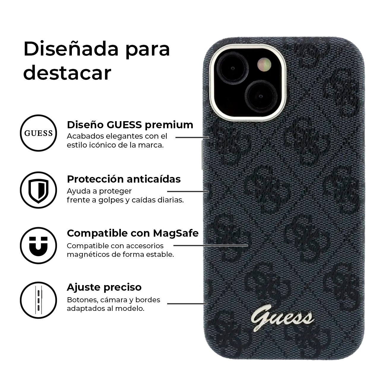 Una funda de teléfono negra con logo GUESS y protección de cámara. Características listadas.