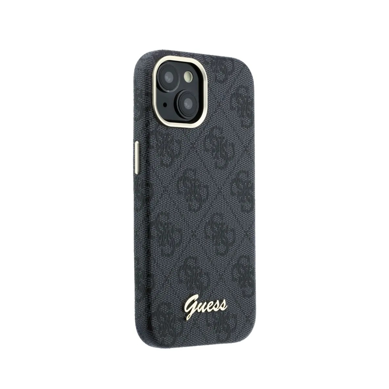 Funda gris oscura con logo Guess y doble cámara.