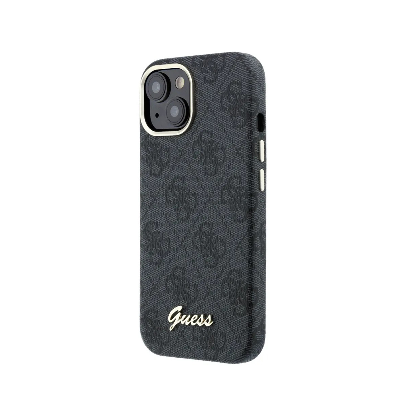 Funda de teléfono negra con logo de Guess y patrón de monograma.