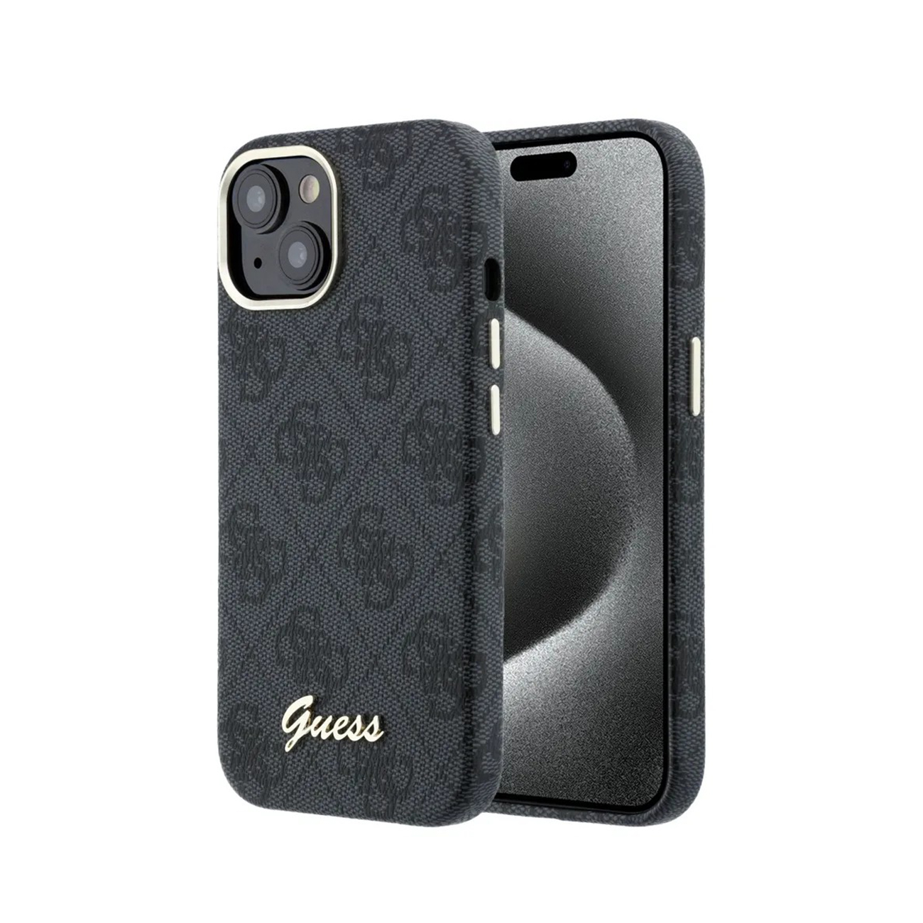 Funda de teléfono gris con logo y patrón Guess, junto a un smartphone.