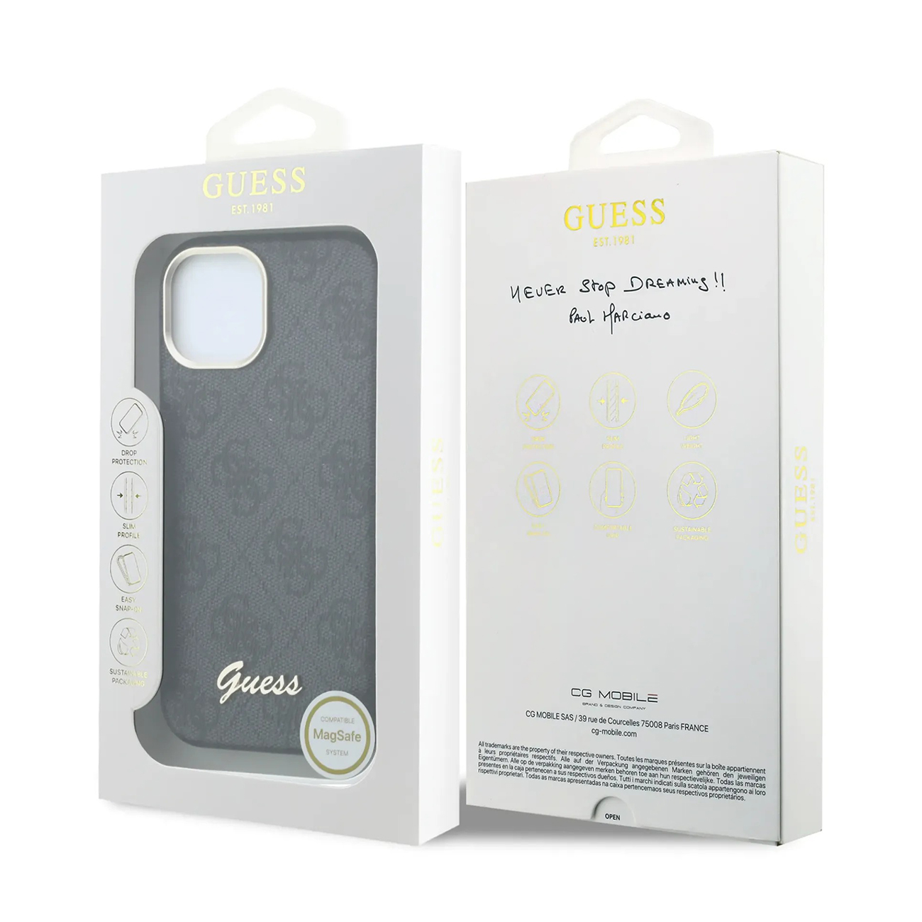 Funda Guess para teléfono en caja con estampado y compatibilidad MagSafe.