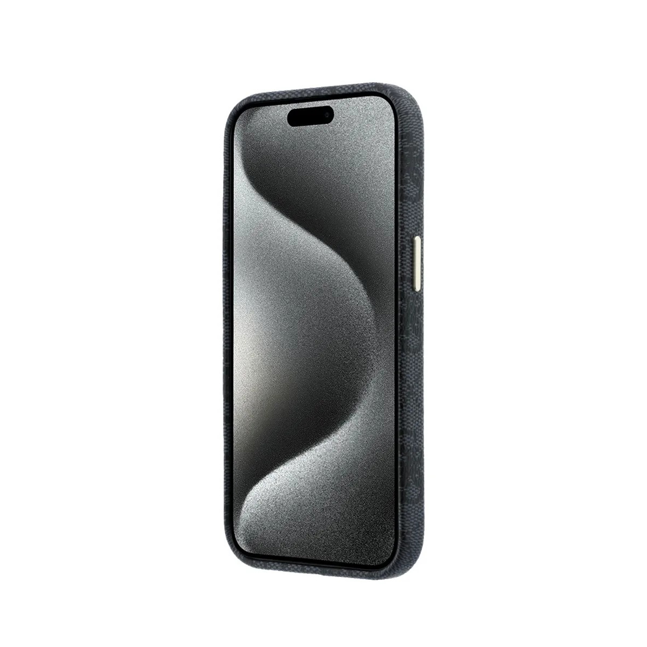Teléfono oscuro con funda estampada, vista lateral, fondo blanco.
