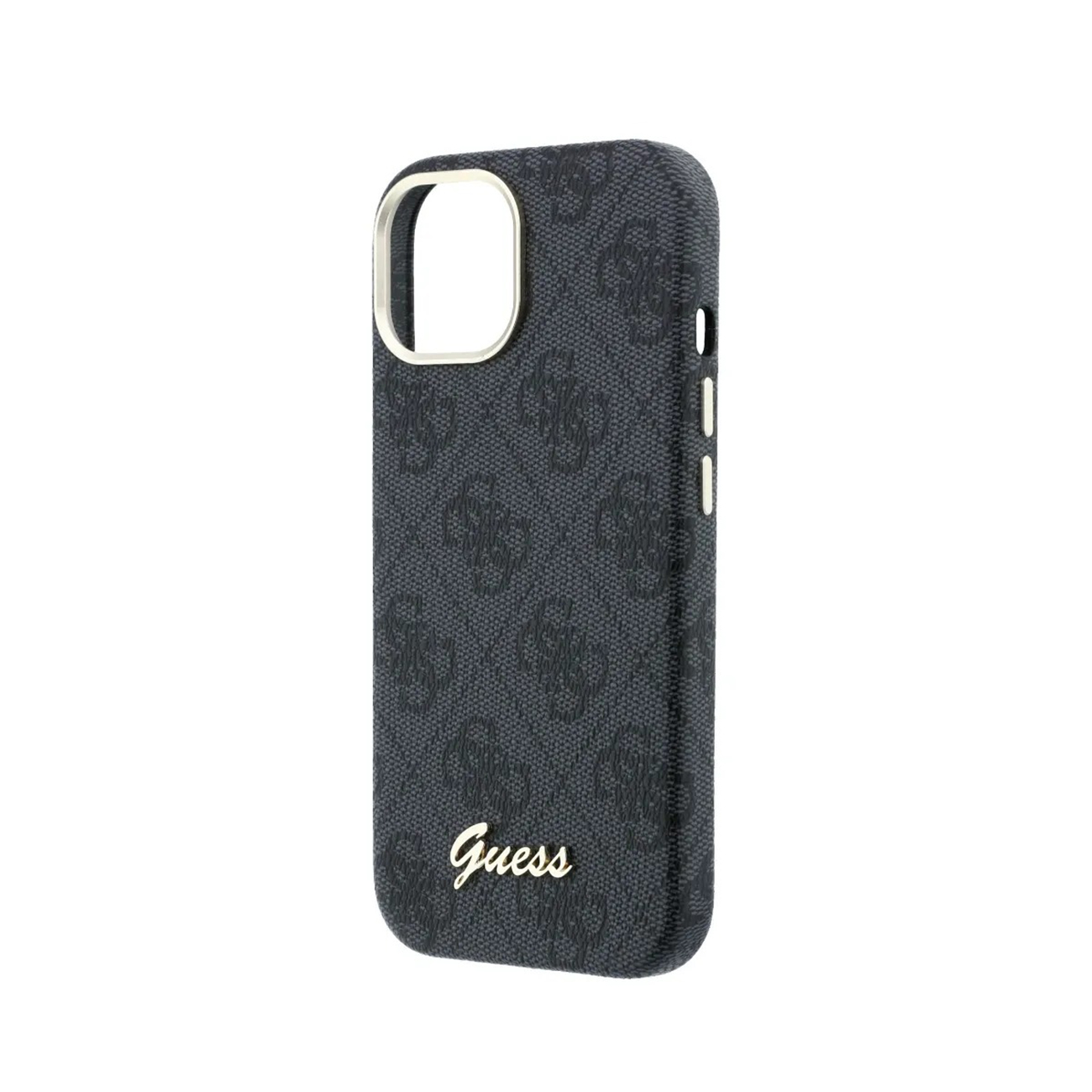 Funda de teléfono gris oscuro con logo y estampado Guess.