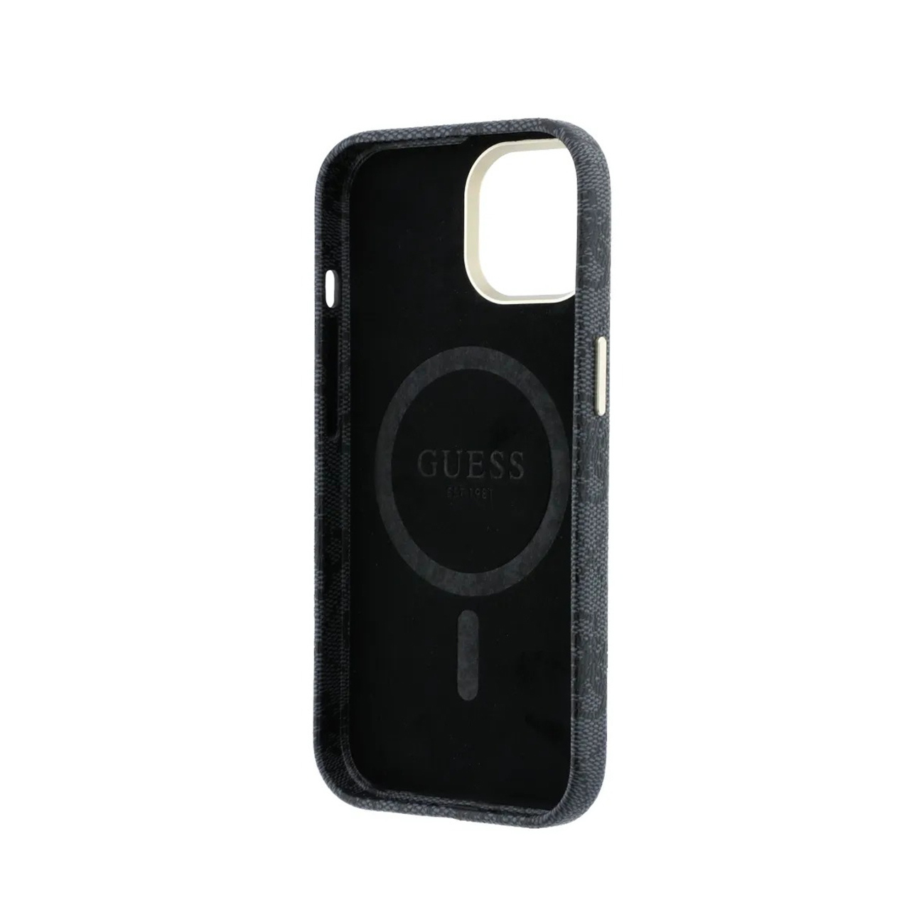 Funda de teléfono negra con logo GUESS y estampado a cuadros.