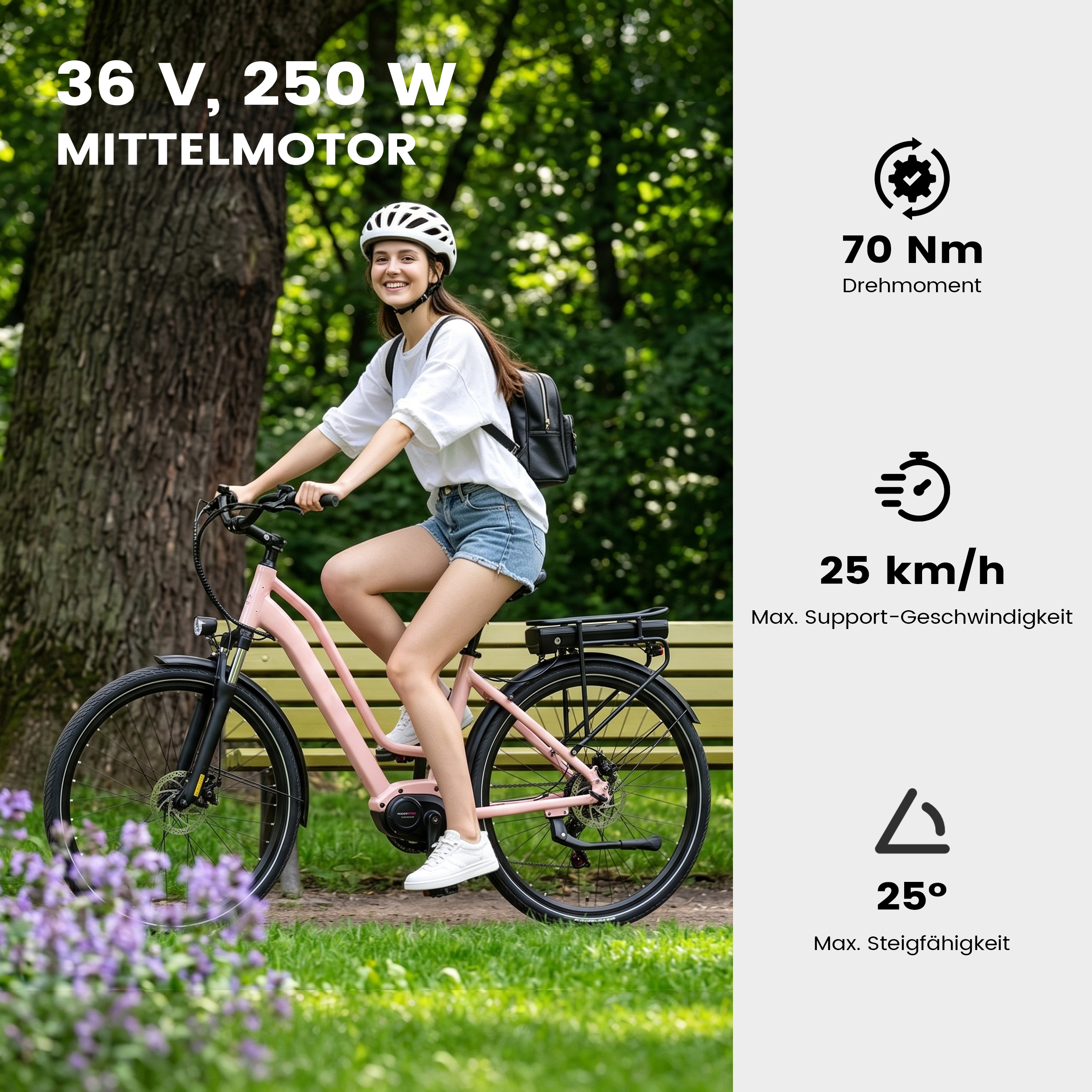 Eine Frau fährt ein rosa E-Bike im Freien, mit technischen Daten.