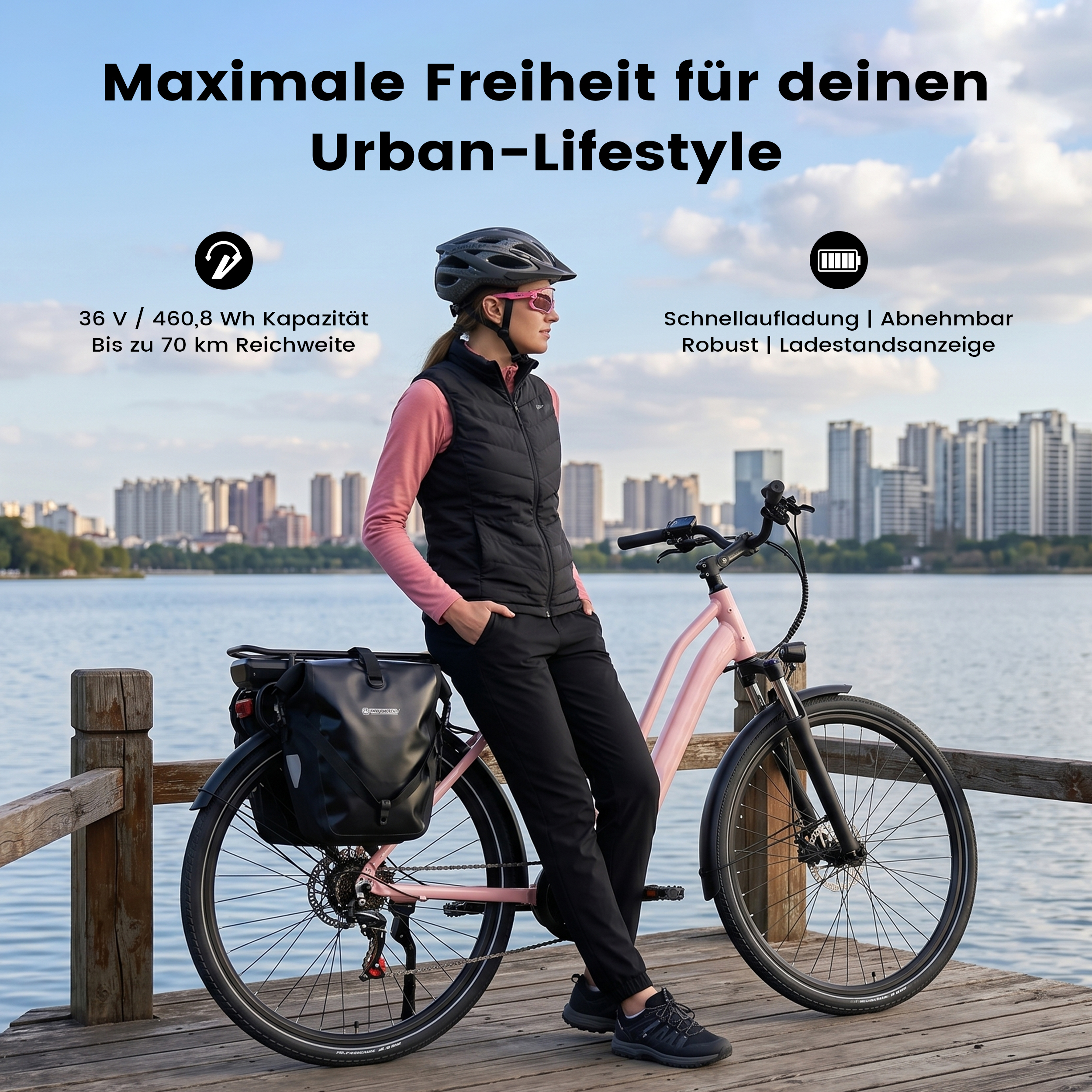 Eine Frau mit Helm und Brille sitzt auf einem rosa E-Bike an einem See.