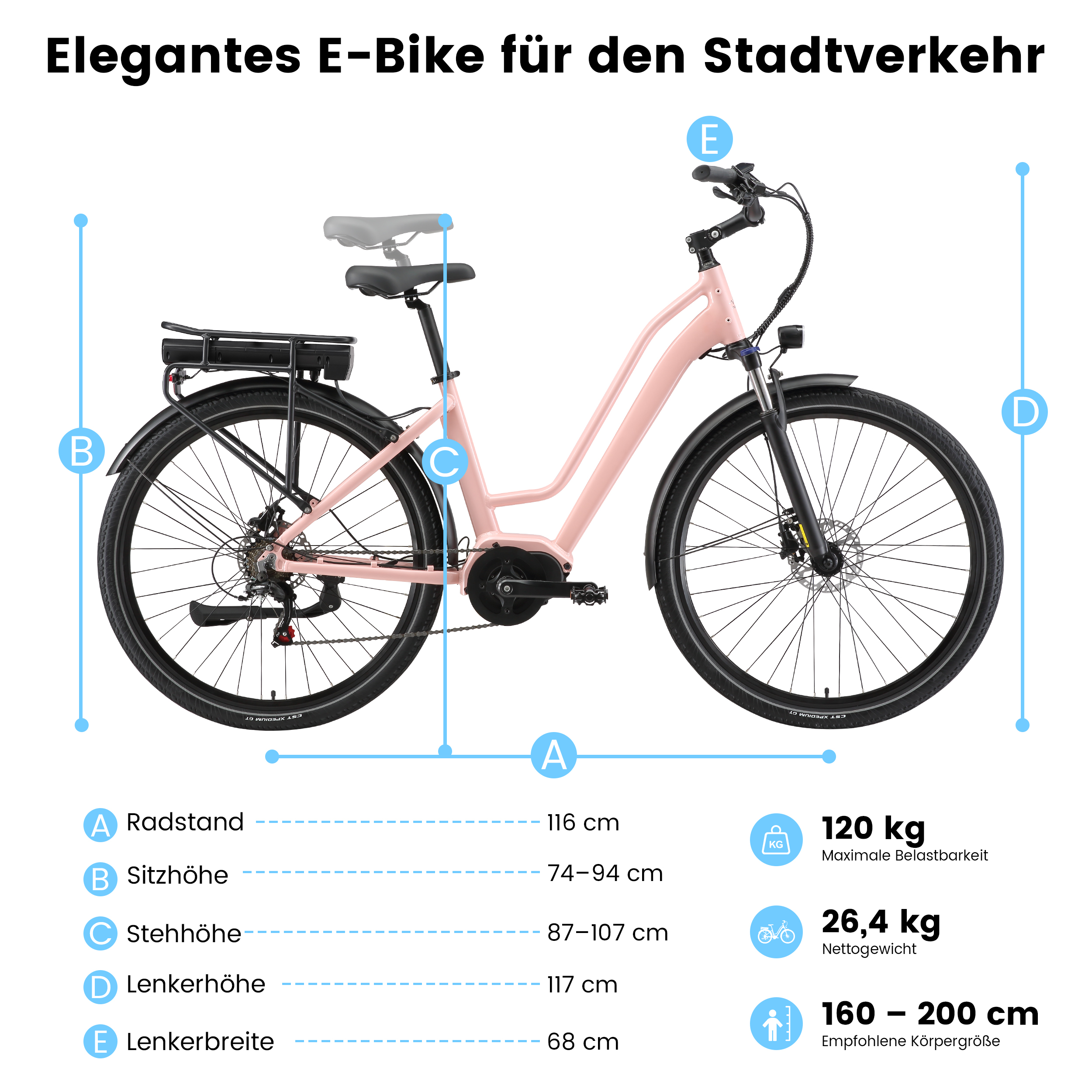 Ein elegantes rosafarbenes E-Bike mit Maßen und Gewichtsangaben.