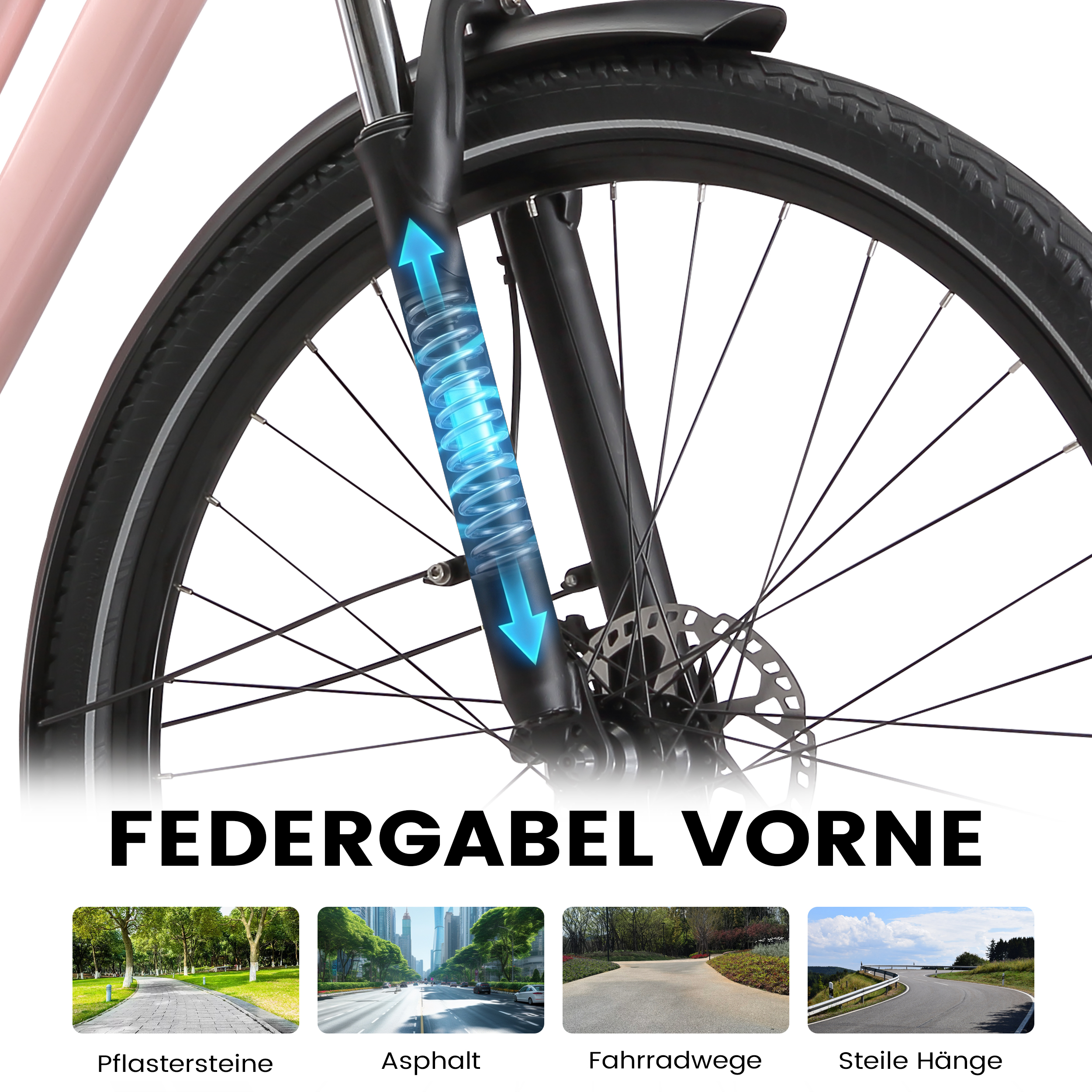 Vordergabel eines Fahrrads mit Stoßdämpfer und vier kleinen Bildern von Wegen.