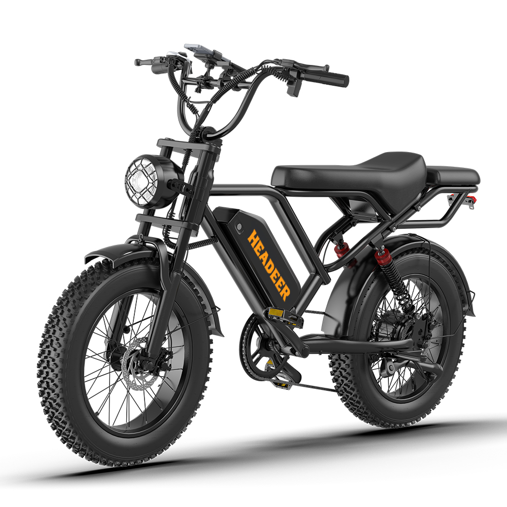 Schwarzes Elektrofahrrad mit breiten Reifen, Federung und Gepäckträger.