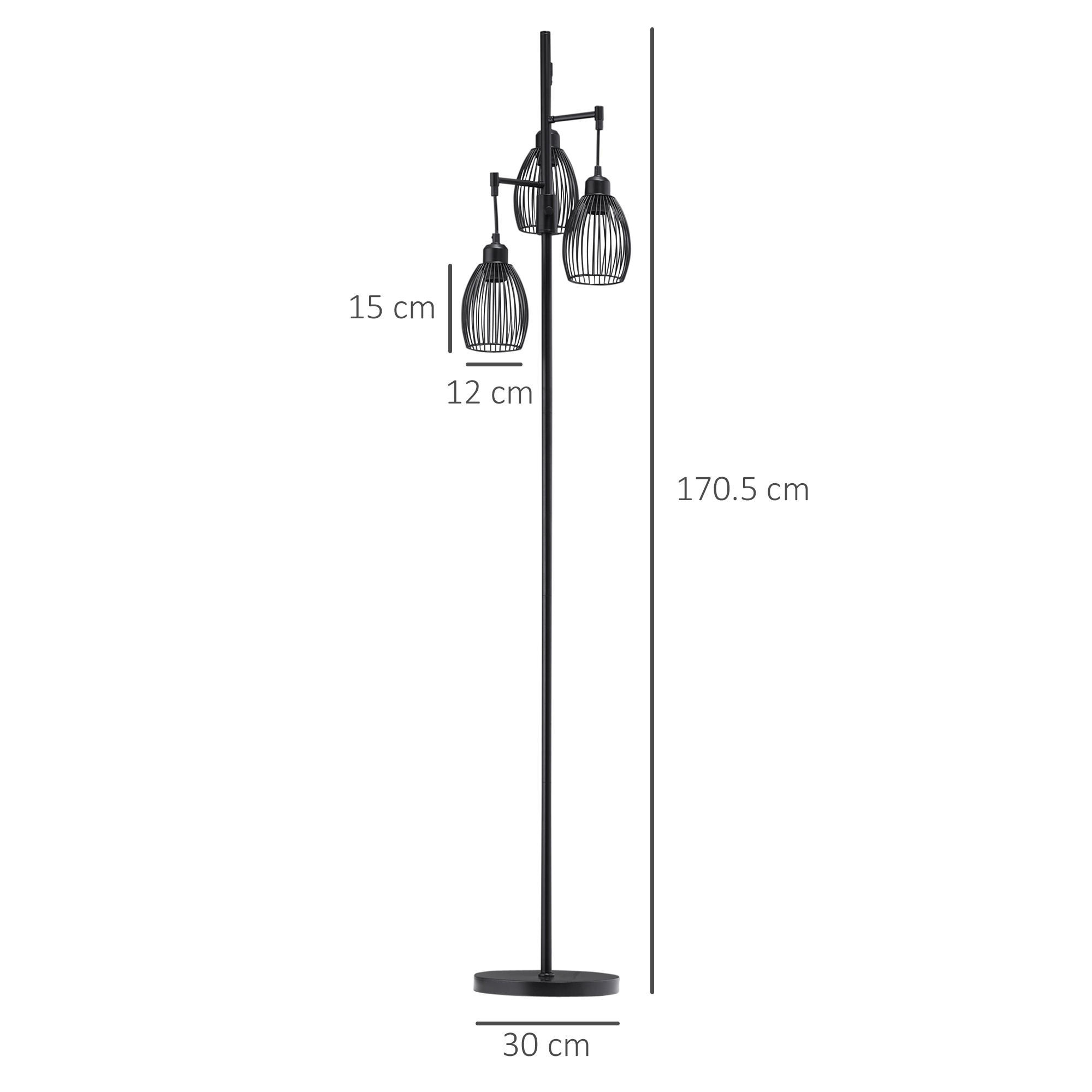 Lampada da terra nera a tre luci con gabbie in filo metallico, alta 170,5 cm.