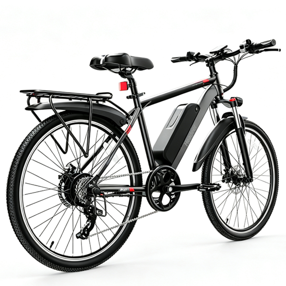 Ein schwarzes Elektrofahrrad mit Akkupack am Rahmen, Schutzblechen und Gepäckträger.