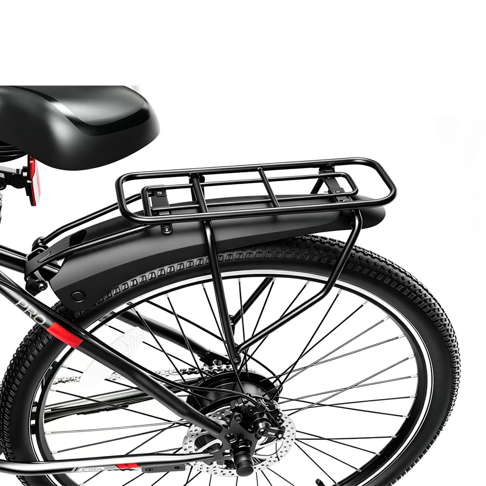 Nahaufnahme des Fahrradhecks mit schwarzem Gepäckträger, Schutzblech und Rad.
