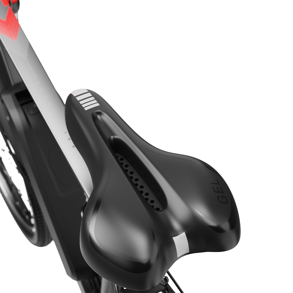Schwarzer Fahrradsattel mit Belüftungslöchern und weißem Streifen.