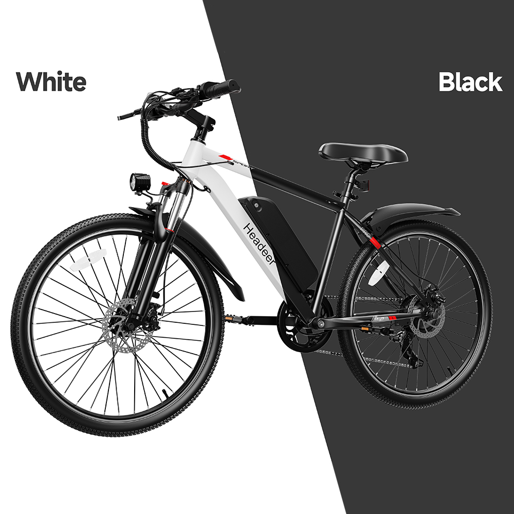 Ein zweifarbiges E-Bike, weiß vorne und schwarz hinten, mit Akku.