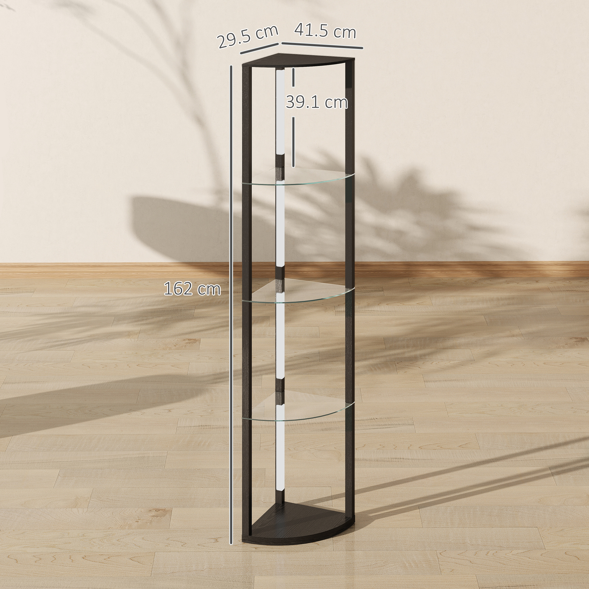 Una mensola angolare scura con tre ripiani in vetro, alta 162 cm.