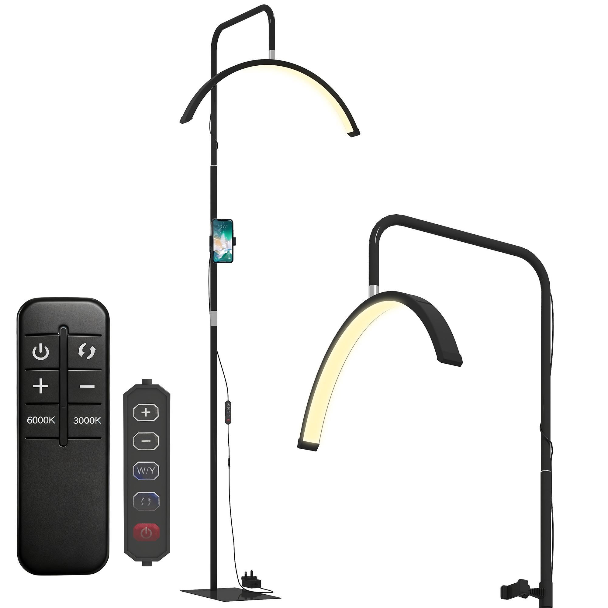 Due lampade ad arco nere con telecomando e supporto per telefono su sfondo bianco.