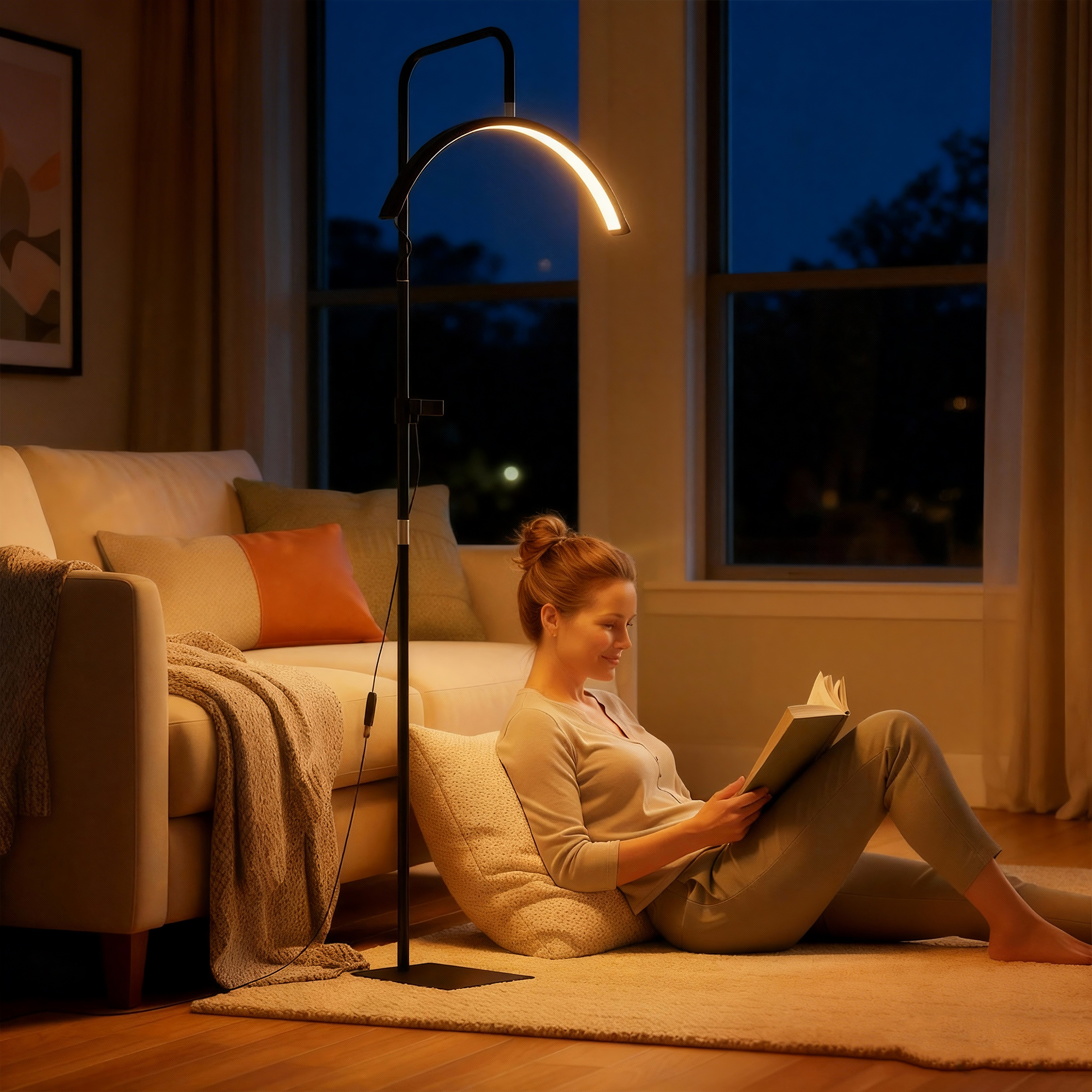 Donna legge libro sul pavimento vicino al divano, illuminata da piantana.