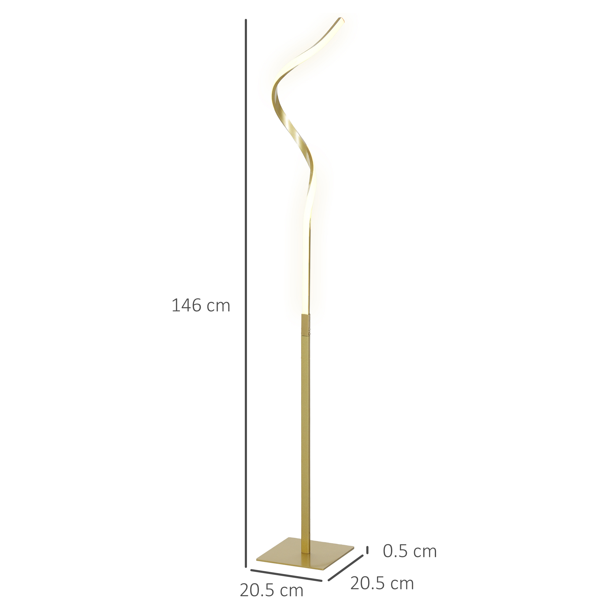 Lampada da terra dorata con elemento luminoso curvo, alta 146 cm.