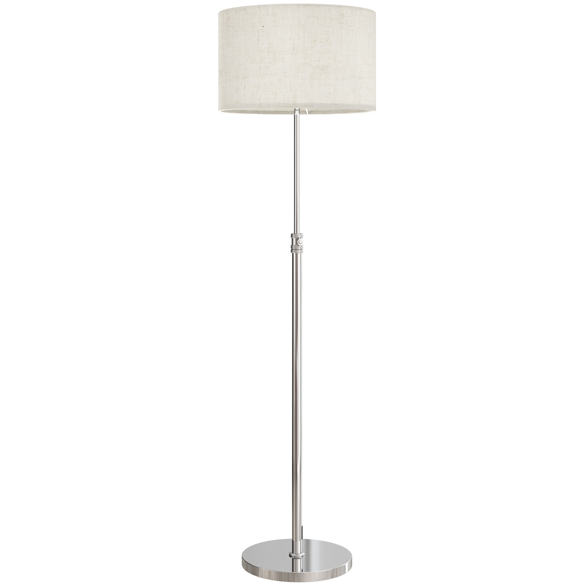 Lampada da terra moderna con stelo argentato e paralume in tessuto chiaro.