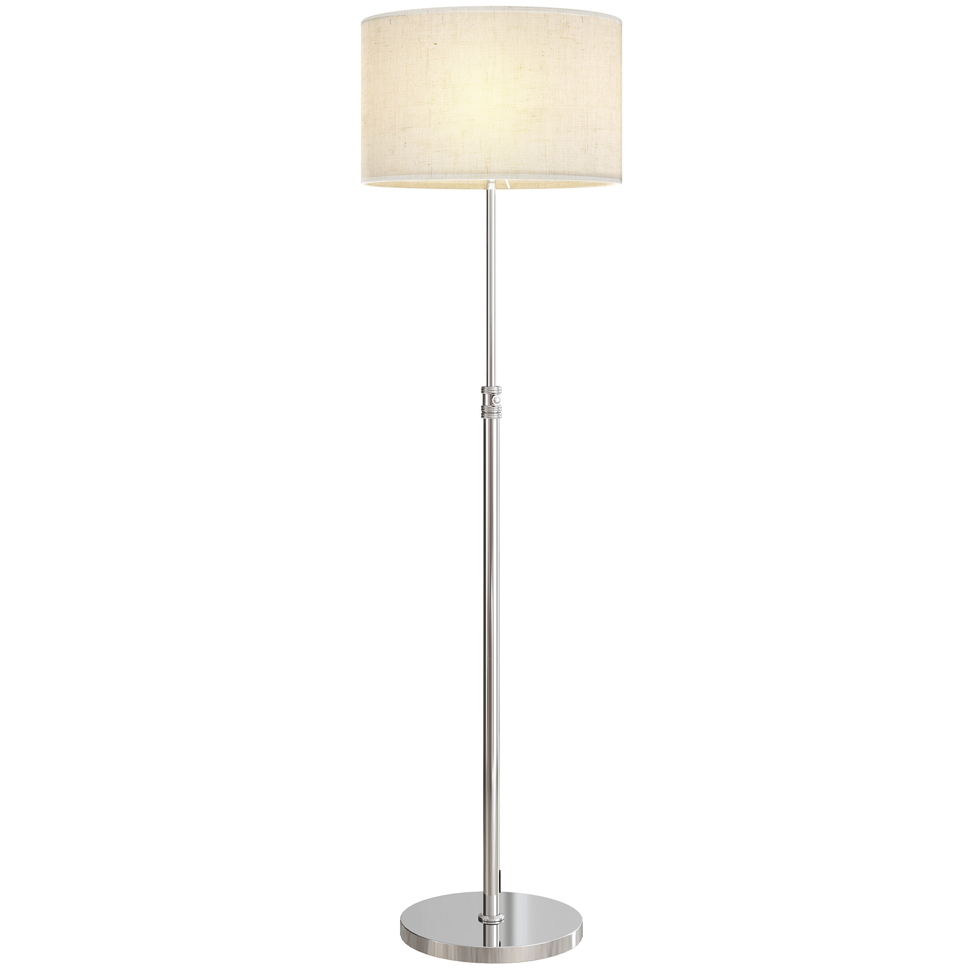 Lampada da terra con supporto argentato e paralume in tessuto chiaro.