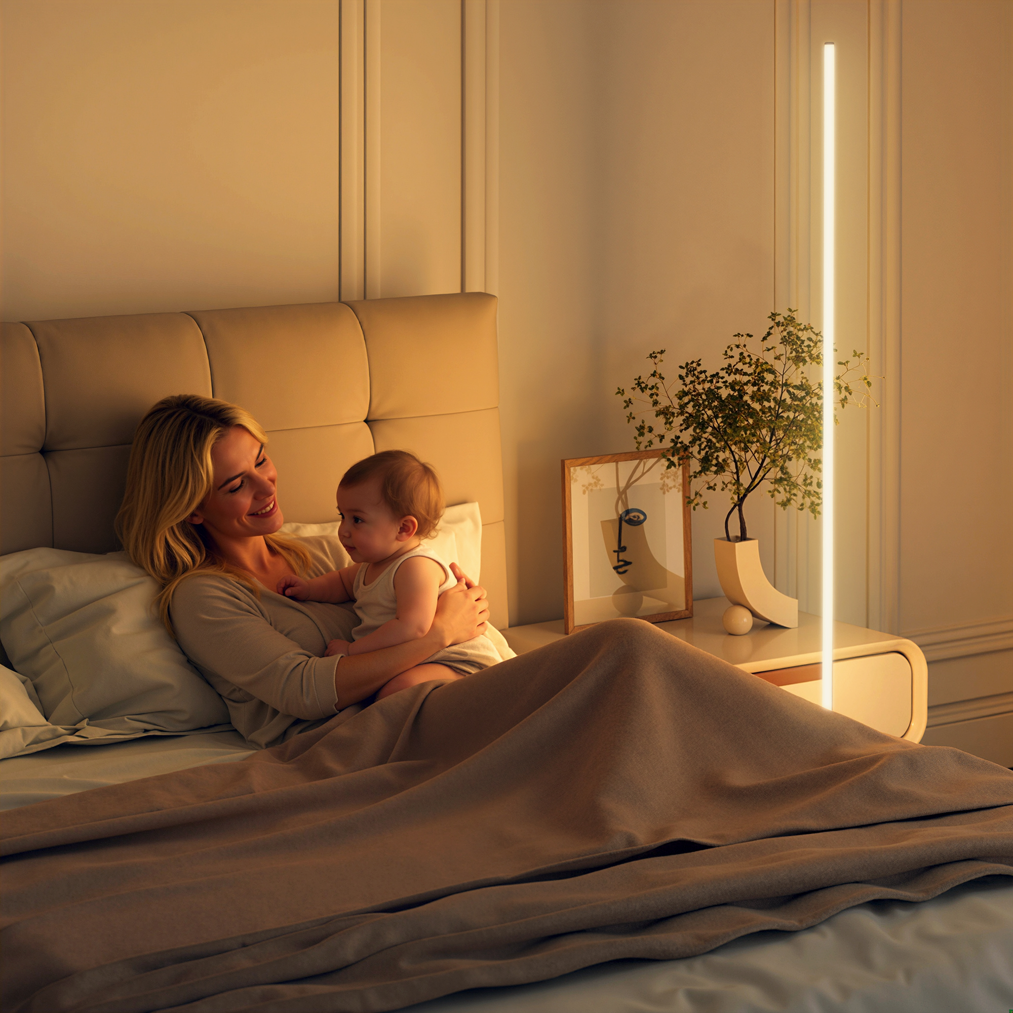 Donna tiene neonato a letto, luce calda, comodino con pianta e quadro.